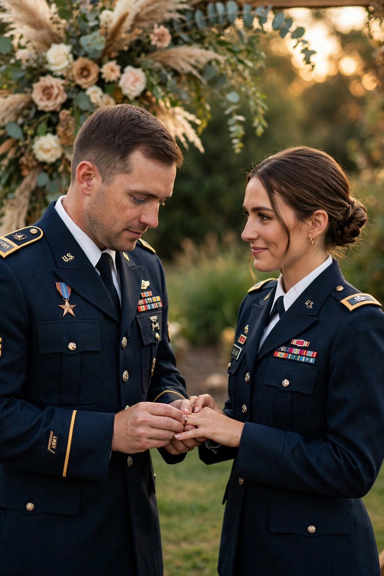 Military couple exchanging rings at their wedding