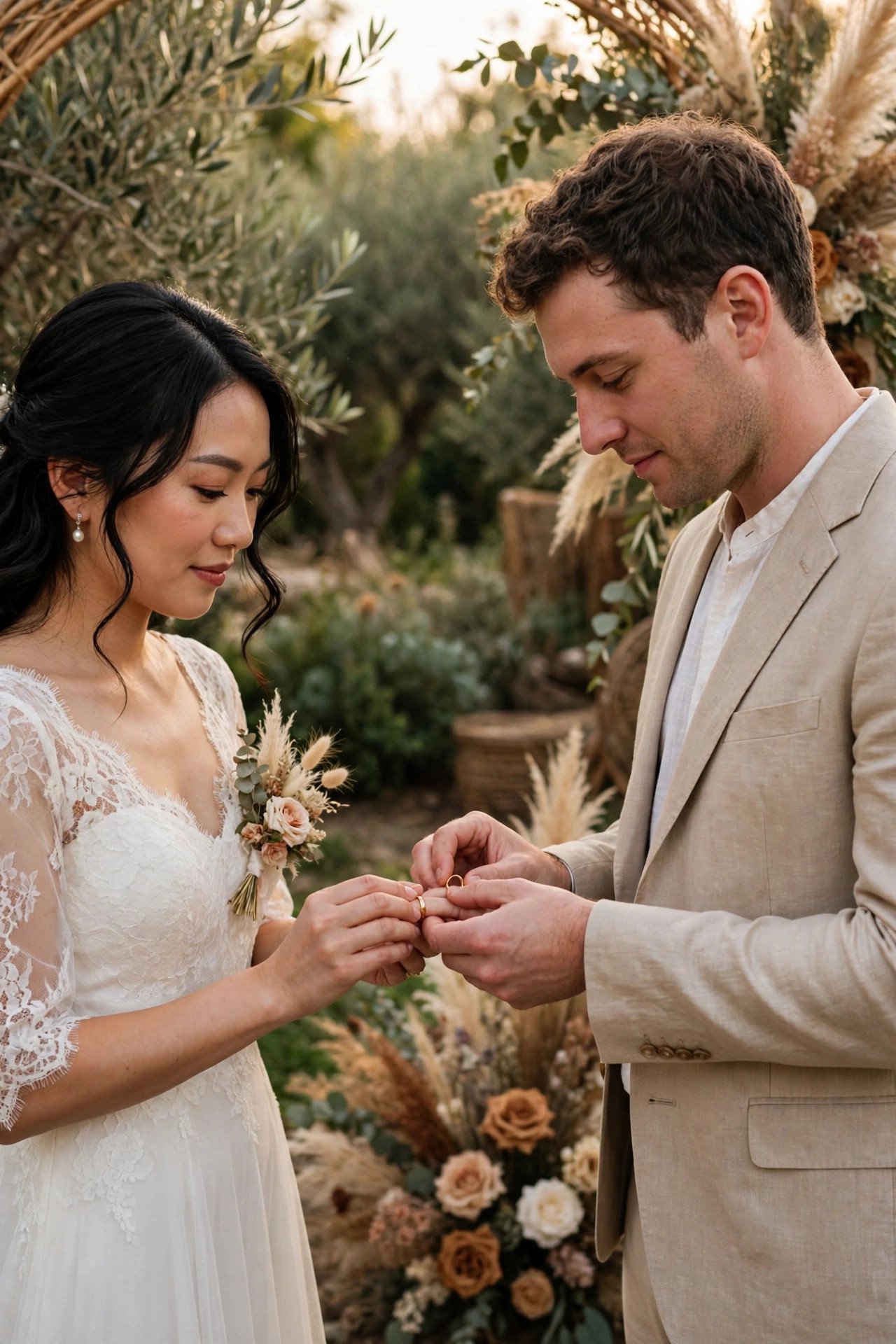 Couple exchanging rings in a bilingual ceremony