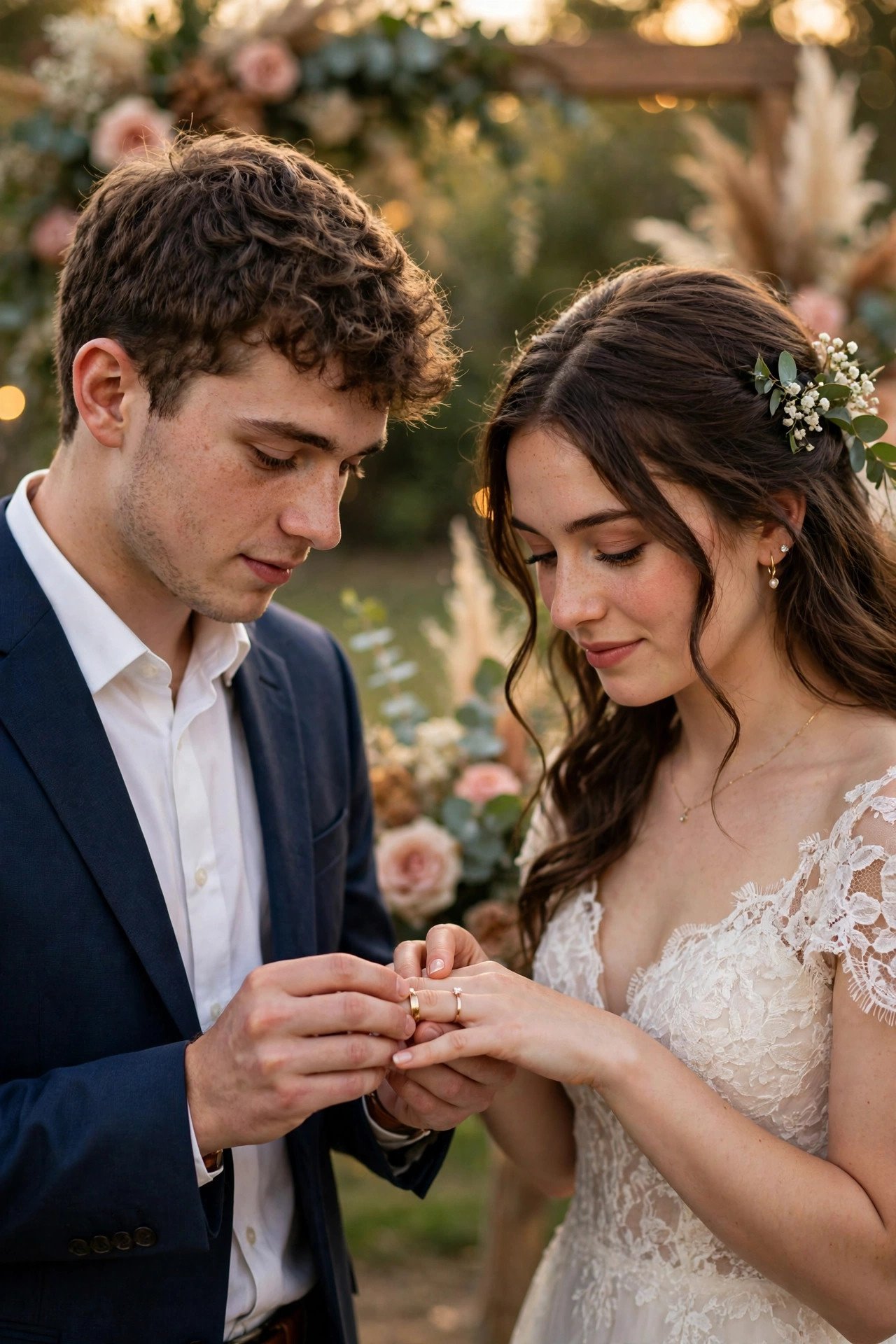 High school sweethearts exchanging wedding rings