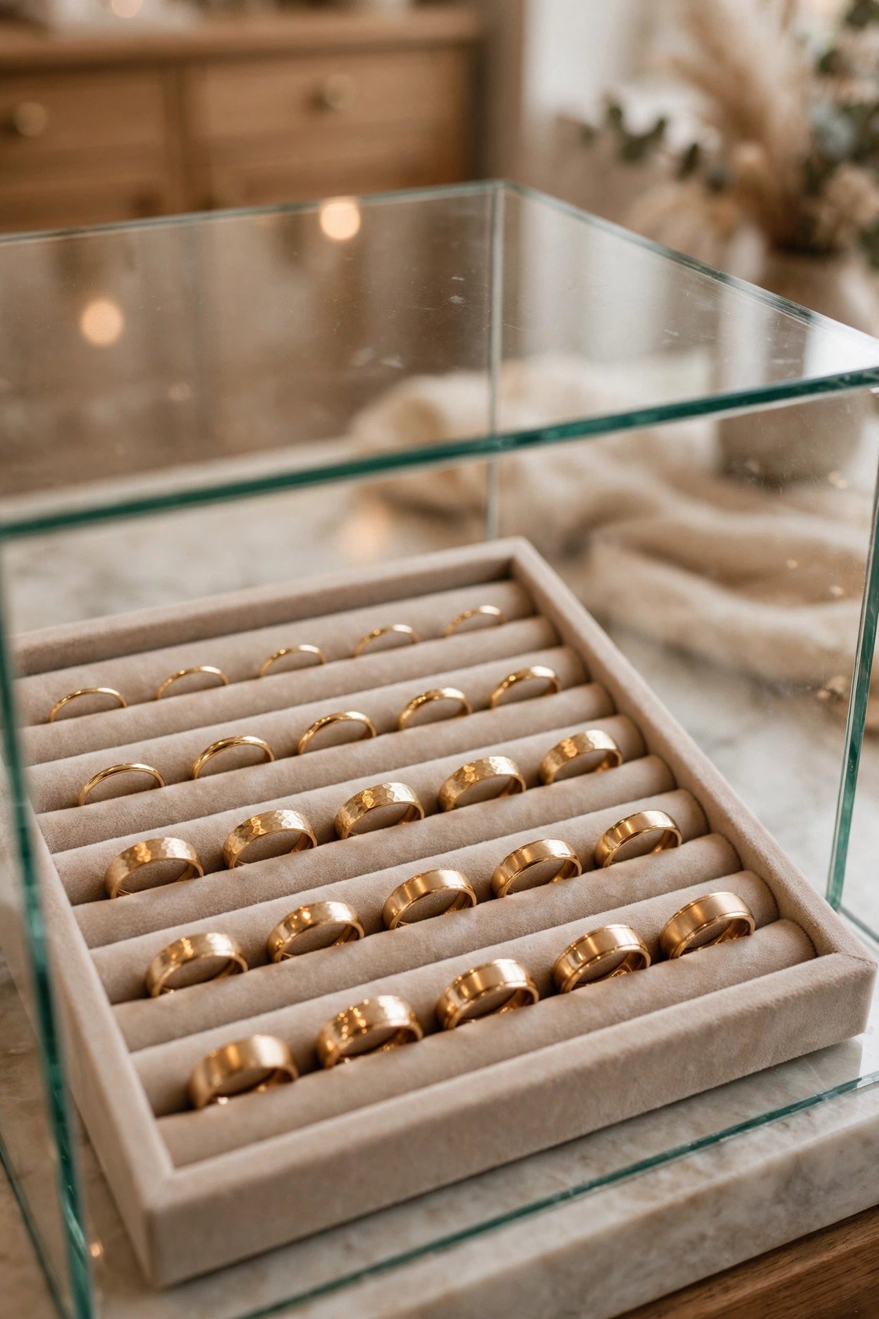 Display of wedding bands in average sizes