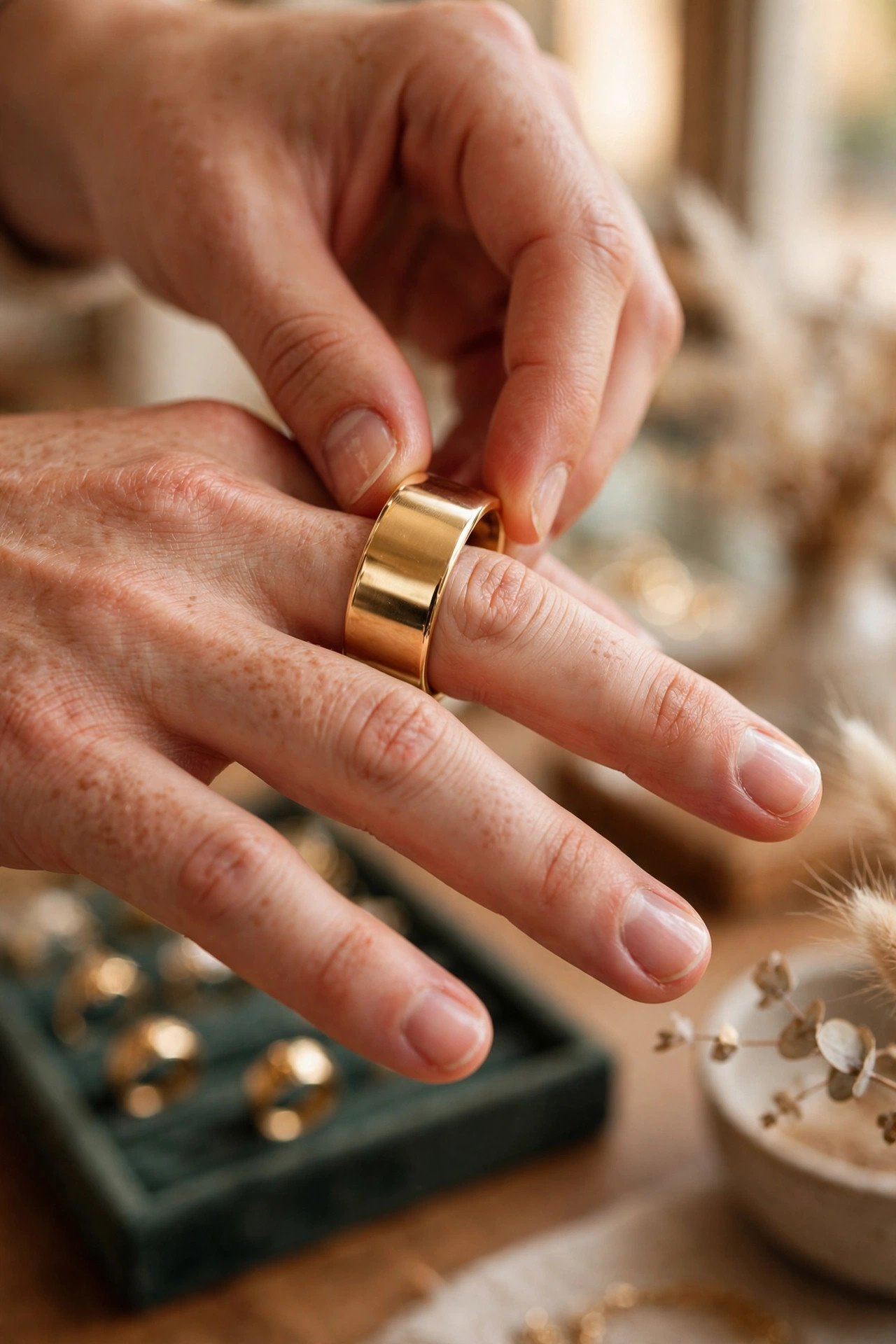 Wide wedding band being fitted on a finger