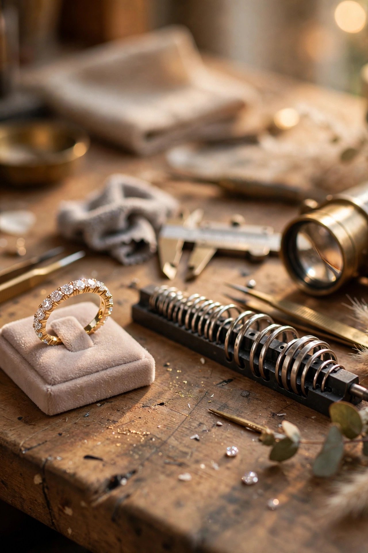Eternity band beside a ring sizing set