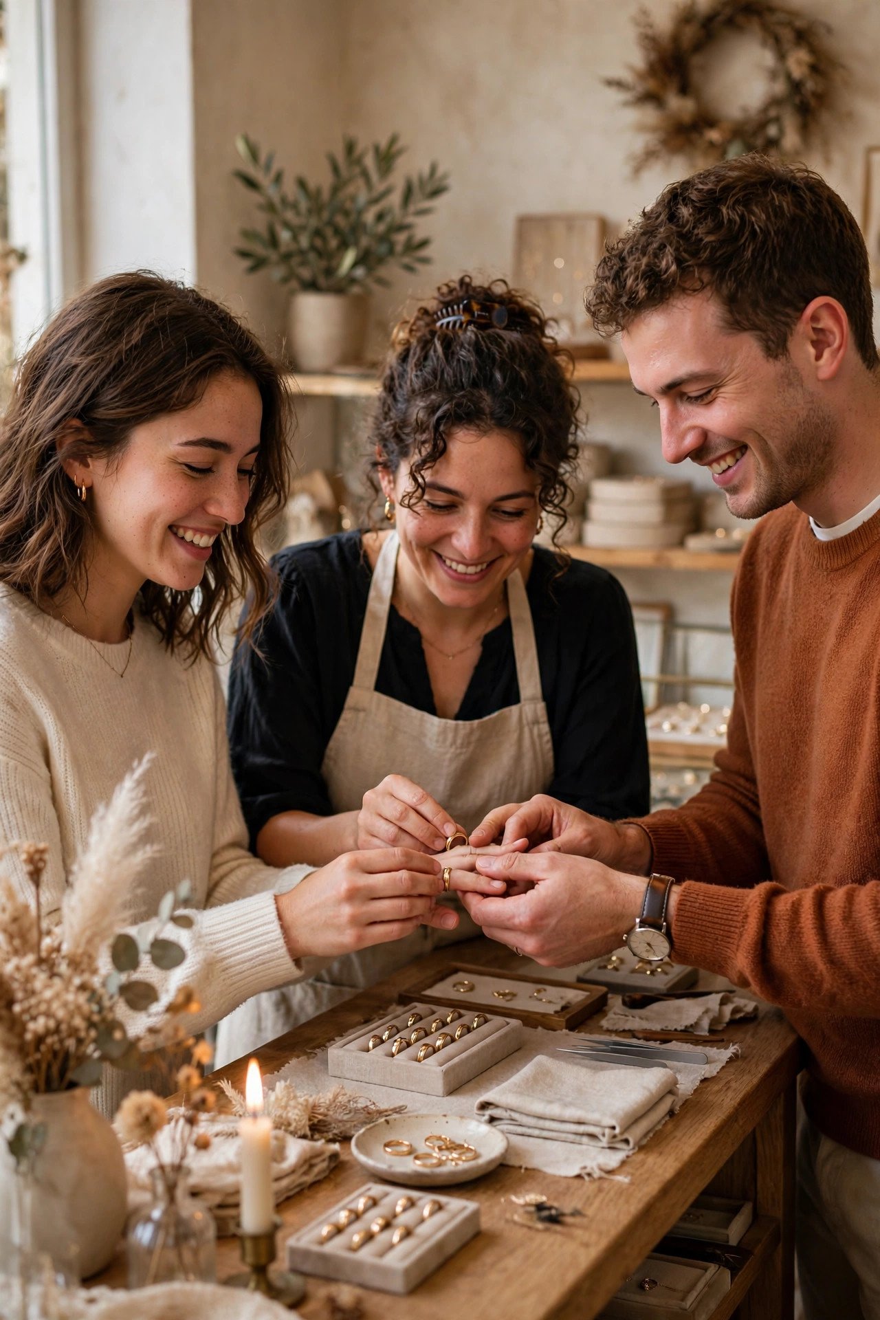 Couple confirming ring fit together at a jeweler