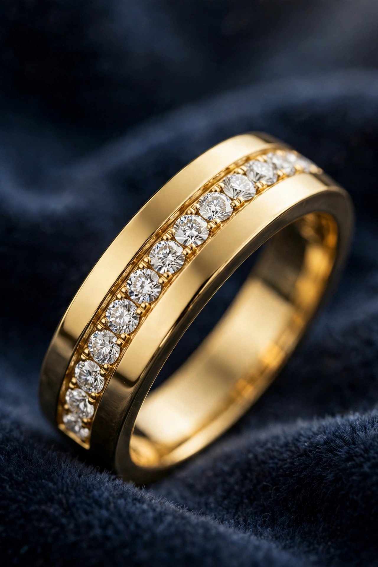 Channel set lab diamond wedding band in yellow gold