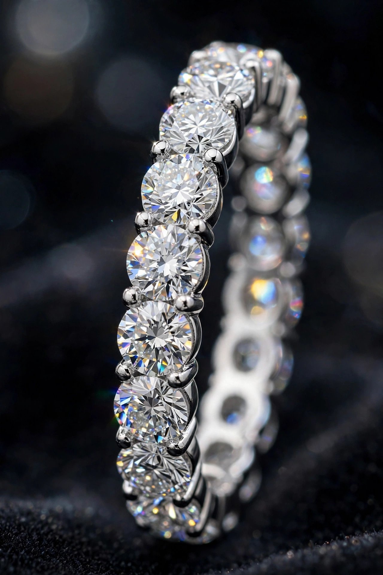 Shared prong lab diamond eternity band close up