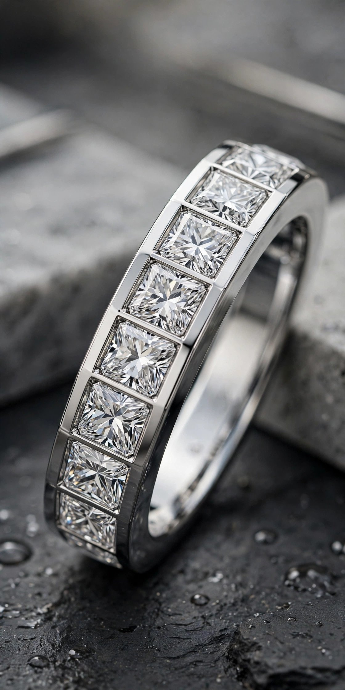 Princess cut lab diamond band in a modern setting