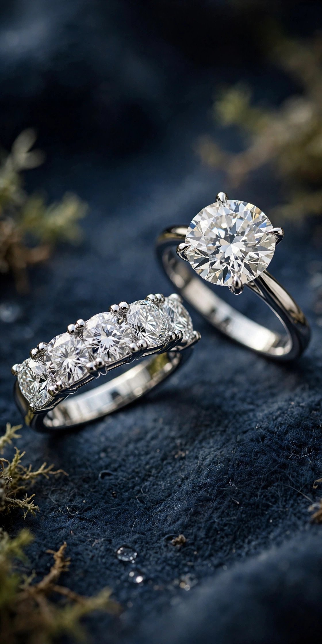 Five stone lab diamond band beside a solitaire