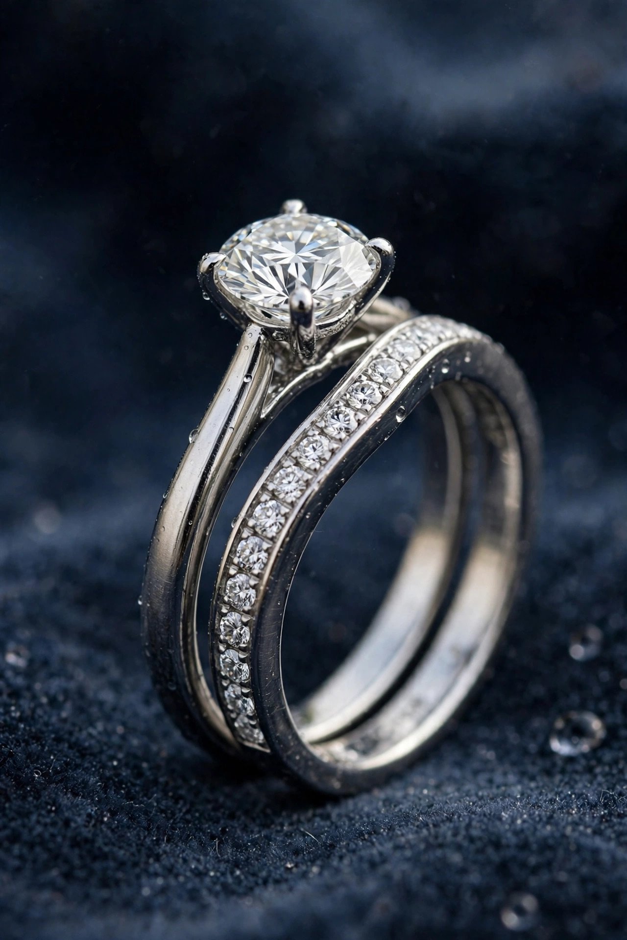 Curved lab diamond band fitted against a solitaire