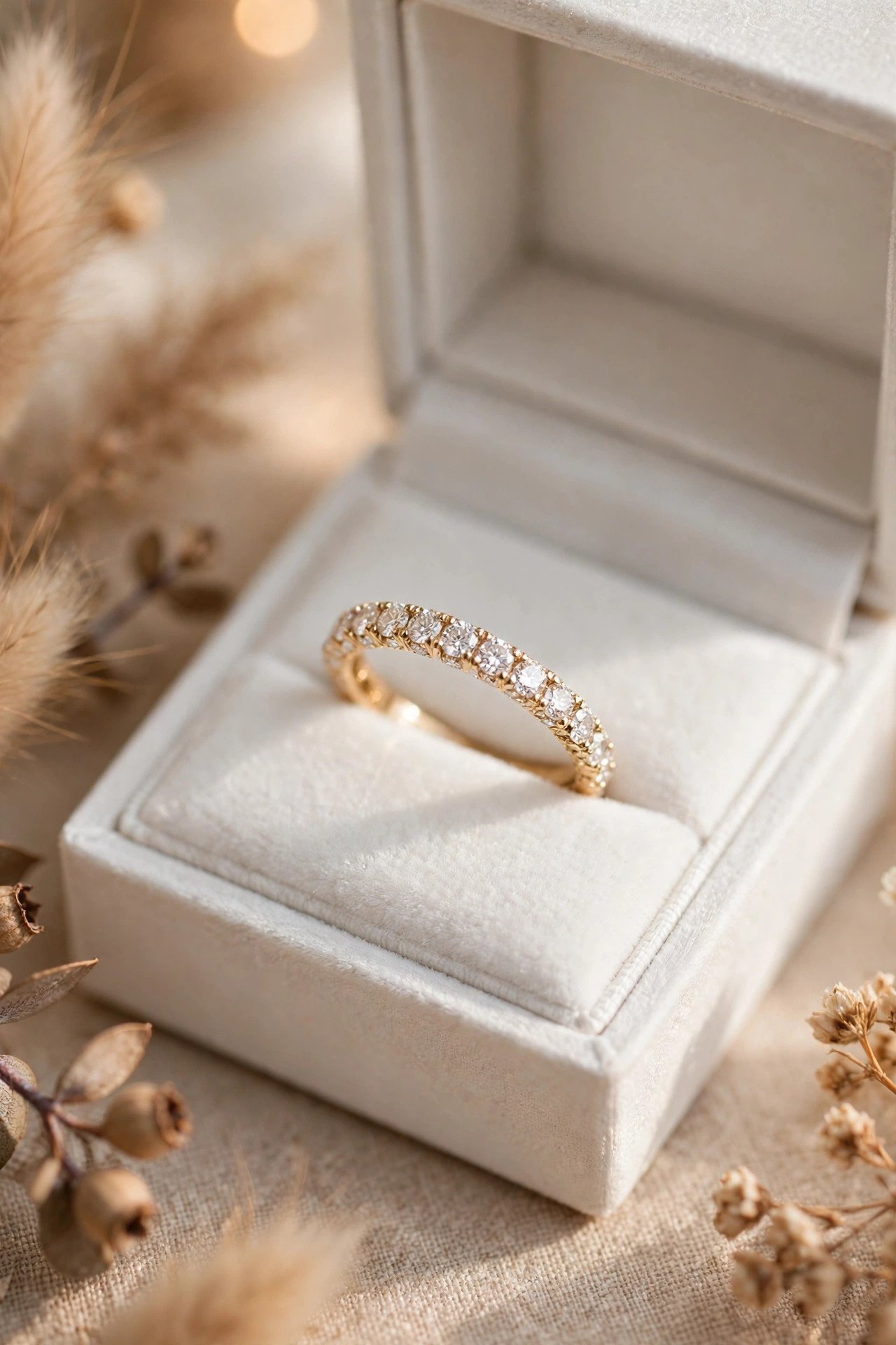 Lab grown diamond wedding band sparkling on a white ring box