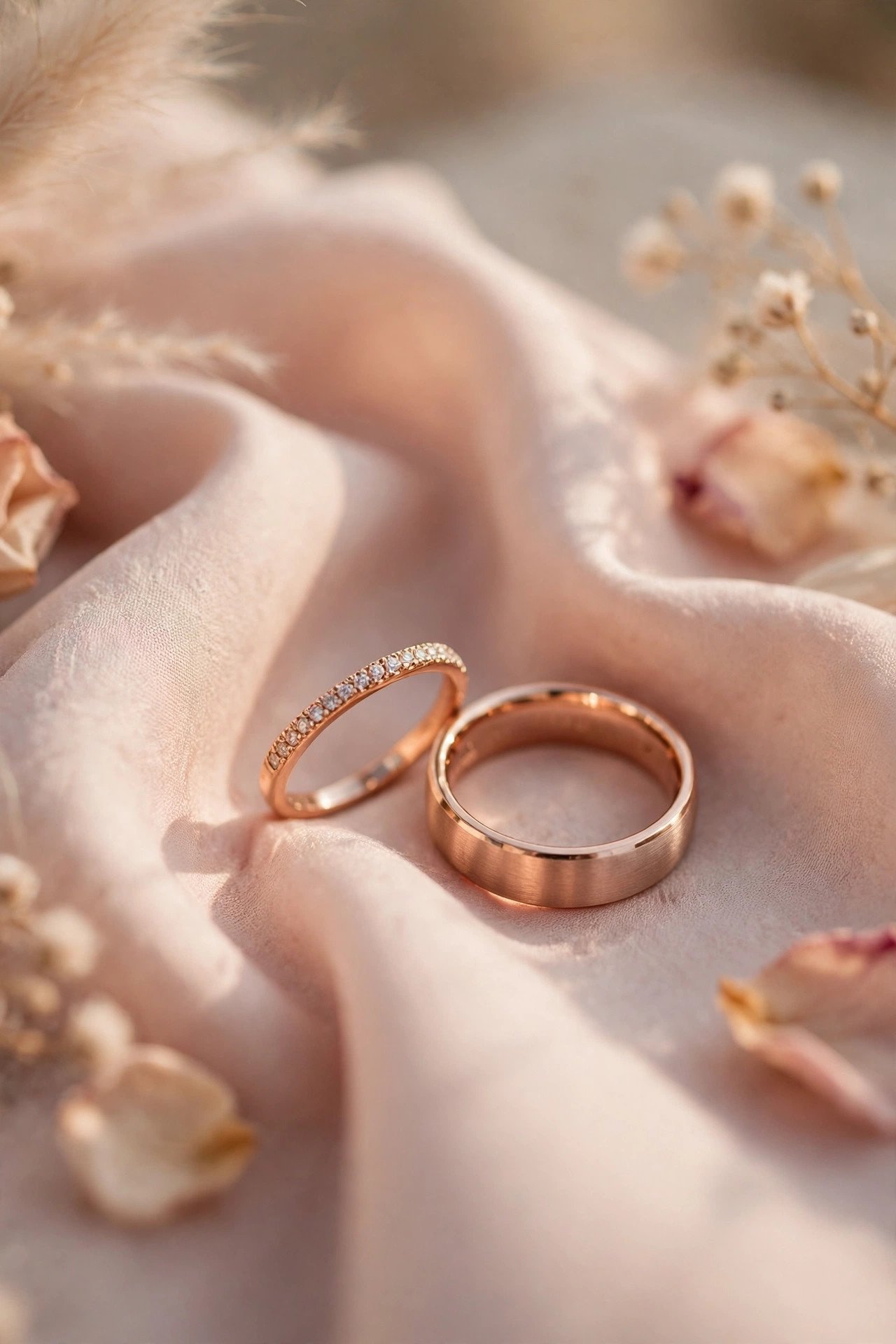 Rose gold his and hers wedding band set