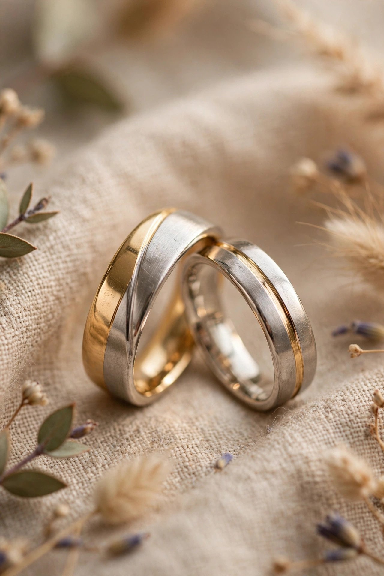 Two tone his and hers wedding band set