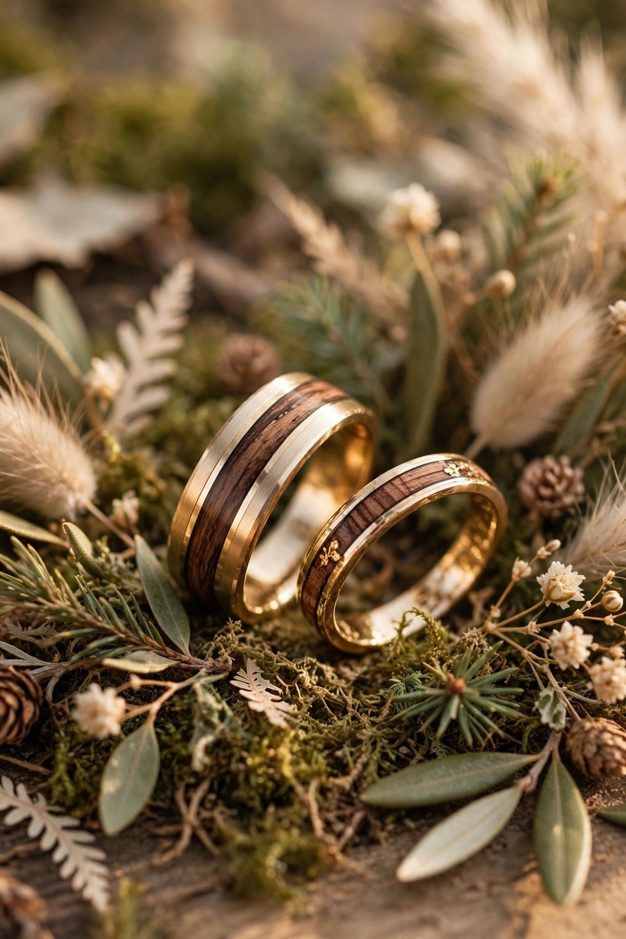 Wood inlay his and hers wedding band set