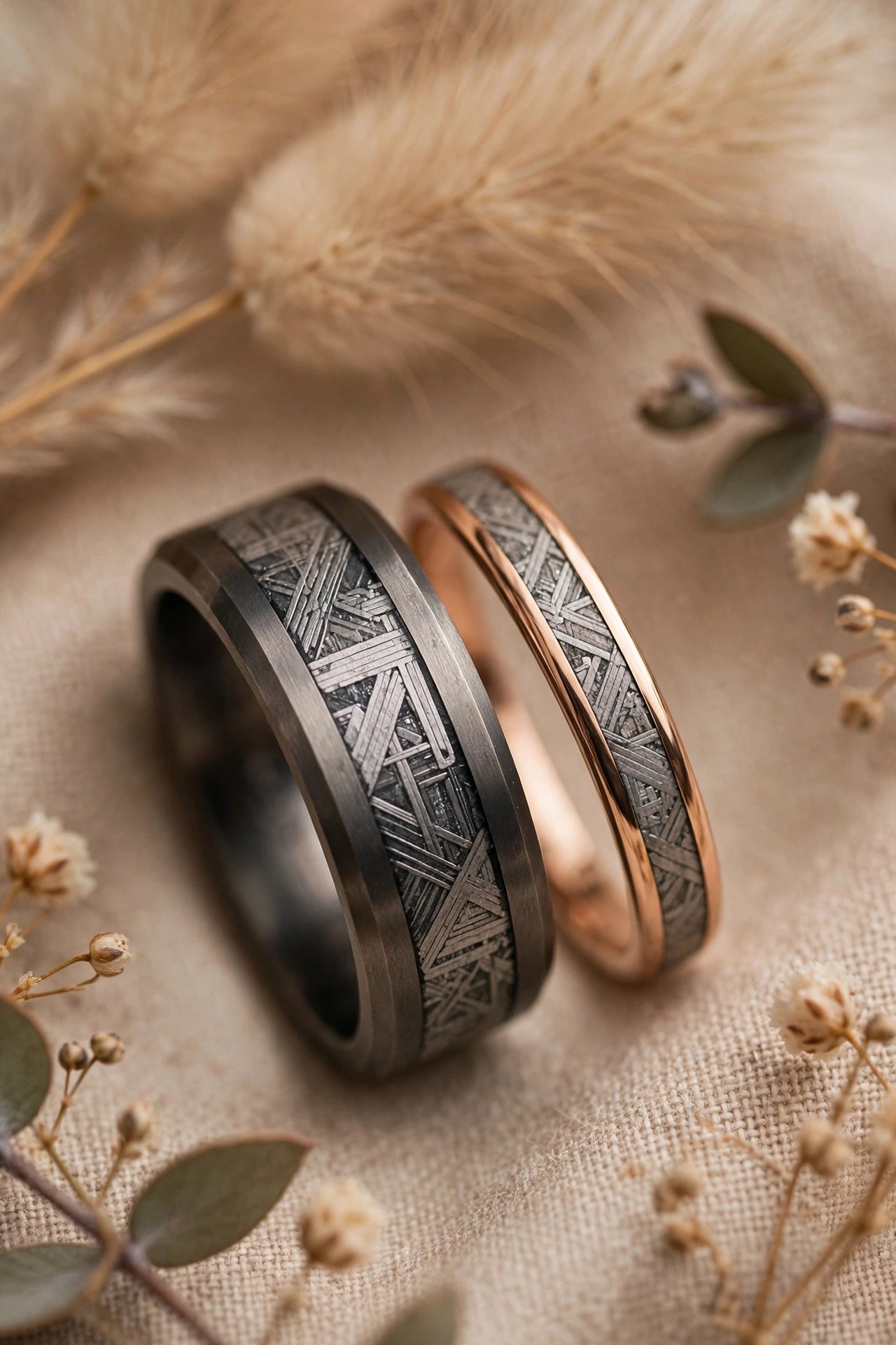 Meteorite inlay his and hers band set
