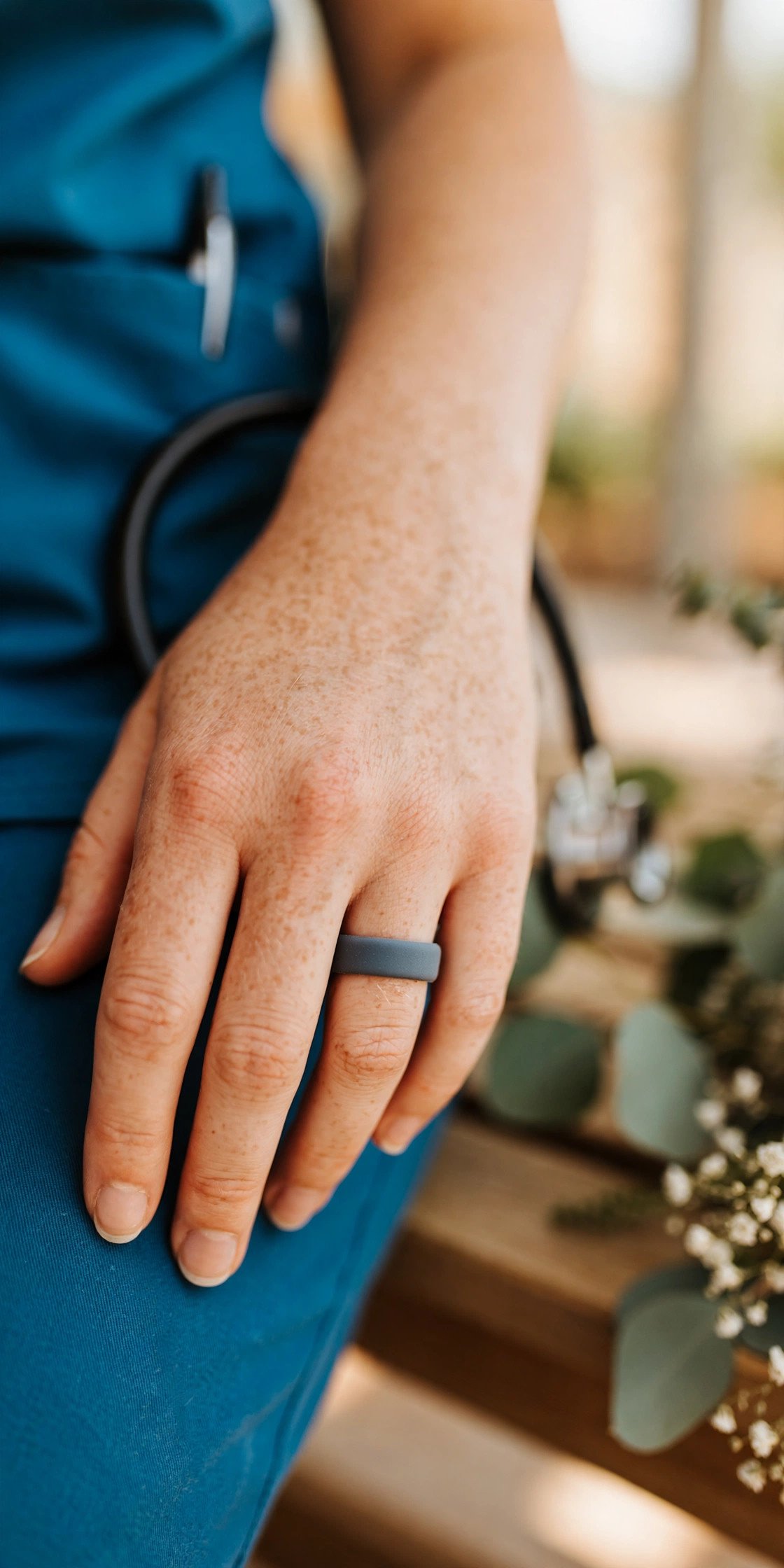 Silicone wedding band worn for workplace safety