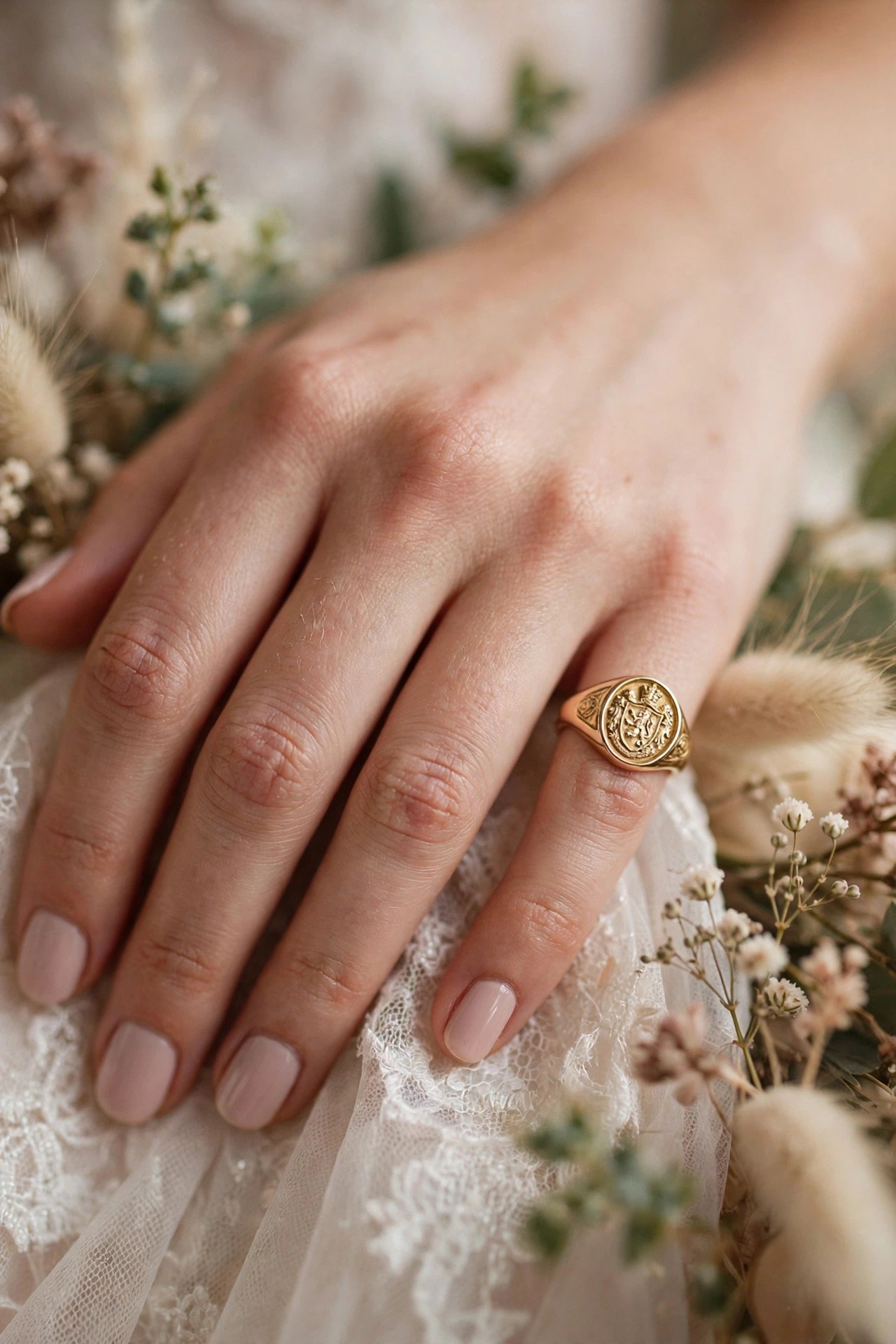Crest pinky ring worn with style