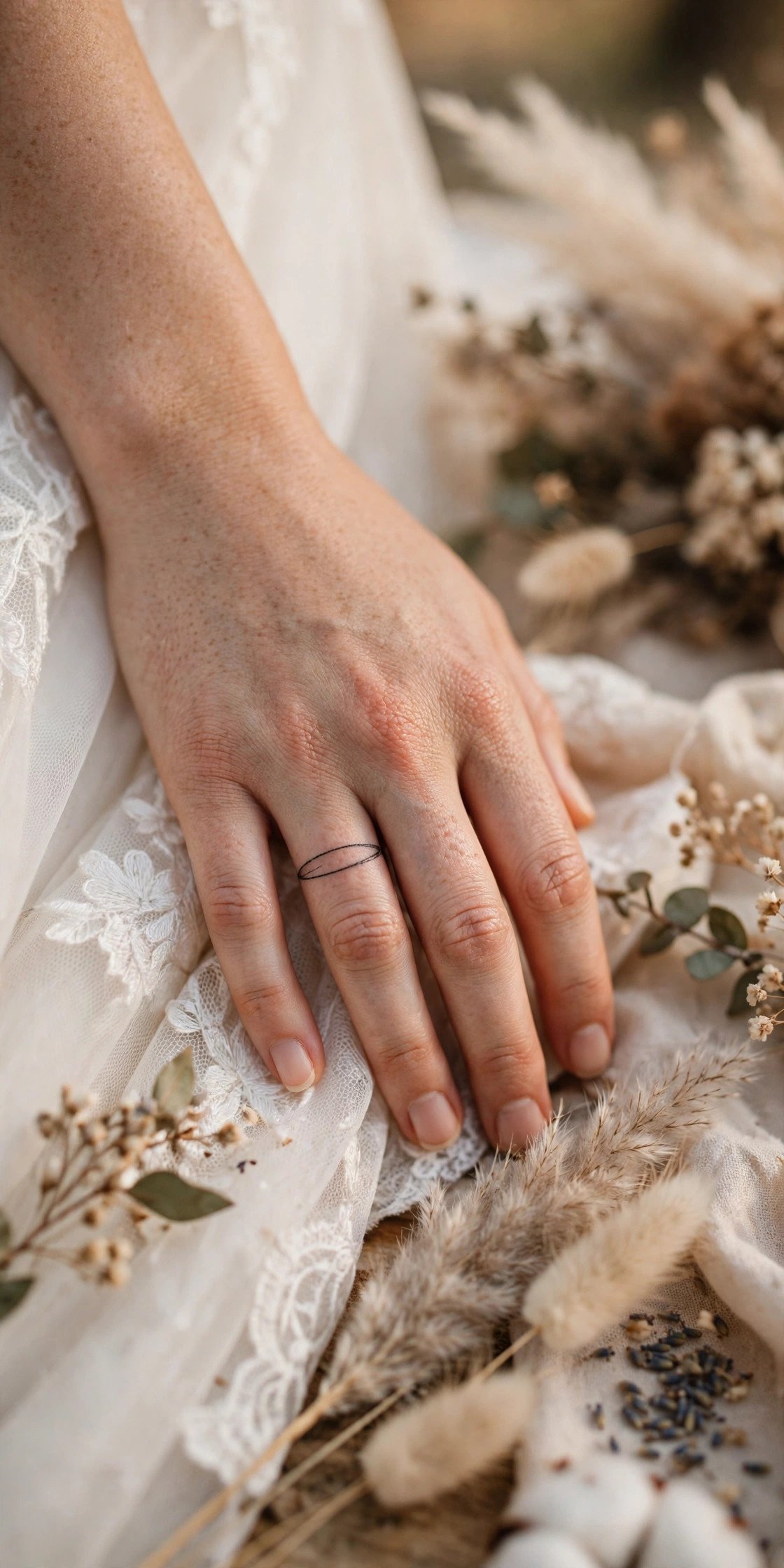 Tattooed wedding band alternative on ring finger