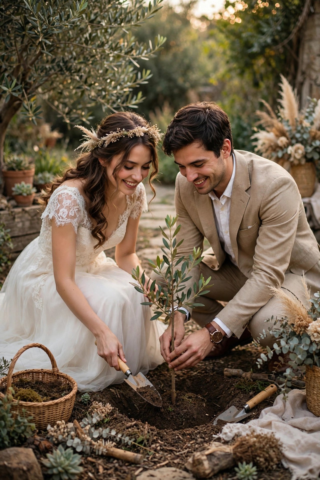 Couple planting a tree as a wedding symbol