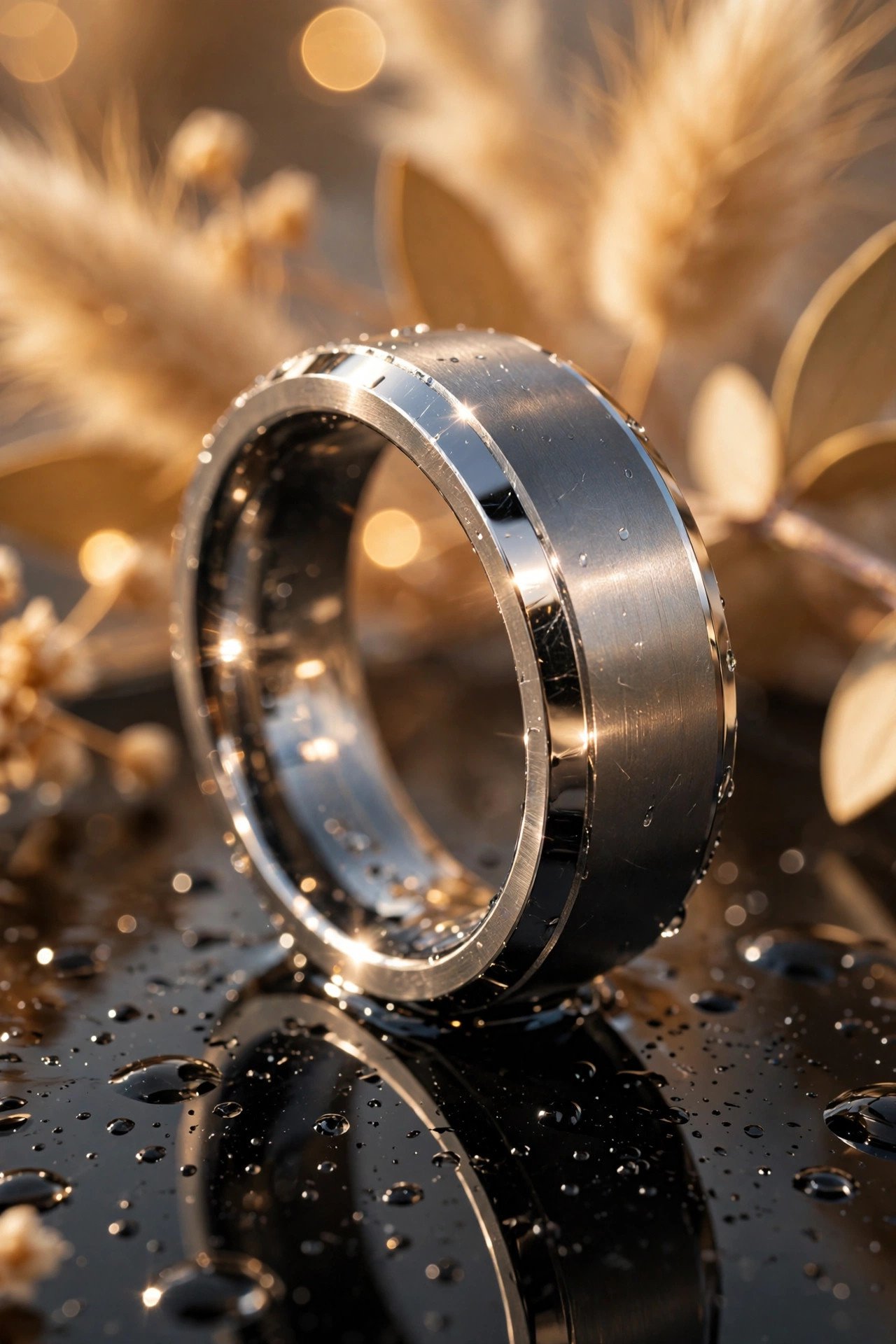 Polished bevel edge titanium mens wedding band close up