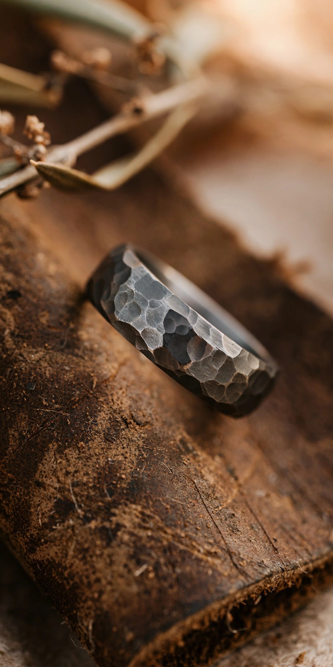 Hammered texture titanium wedding band for men