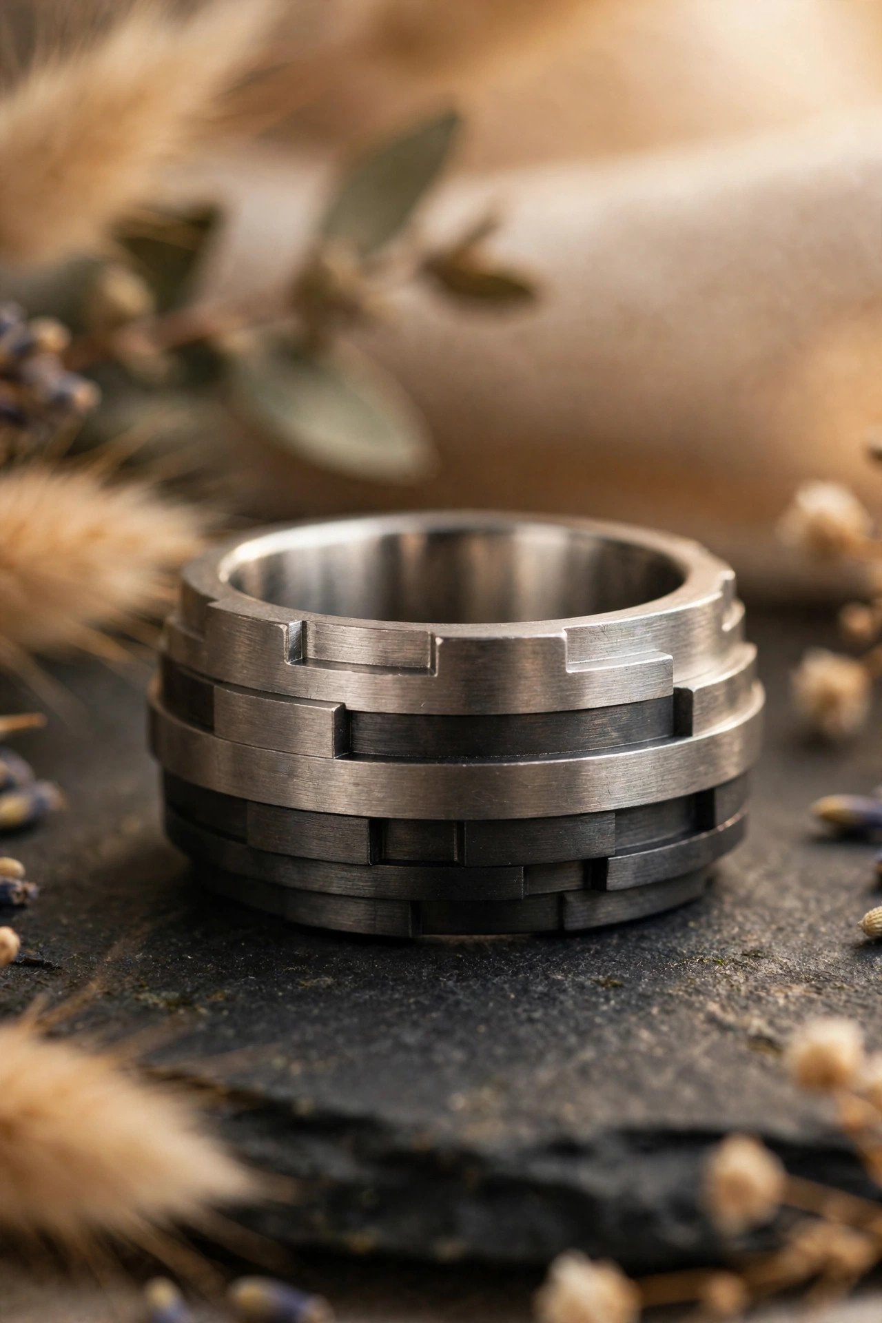 Two tone titanium and tungsten mens wedding band