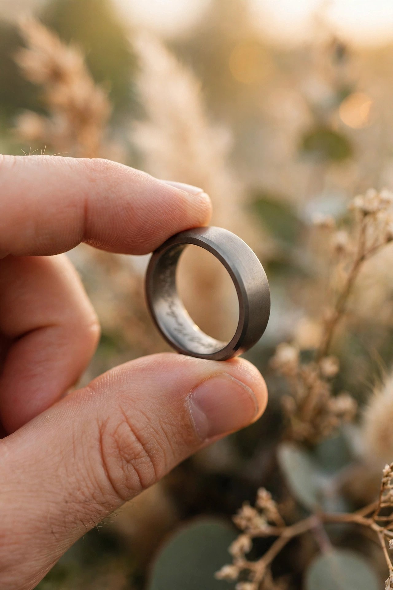 Engraved titanium wedding band showing inner inscription