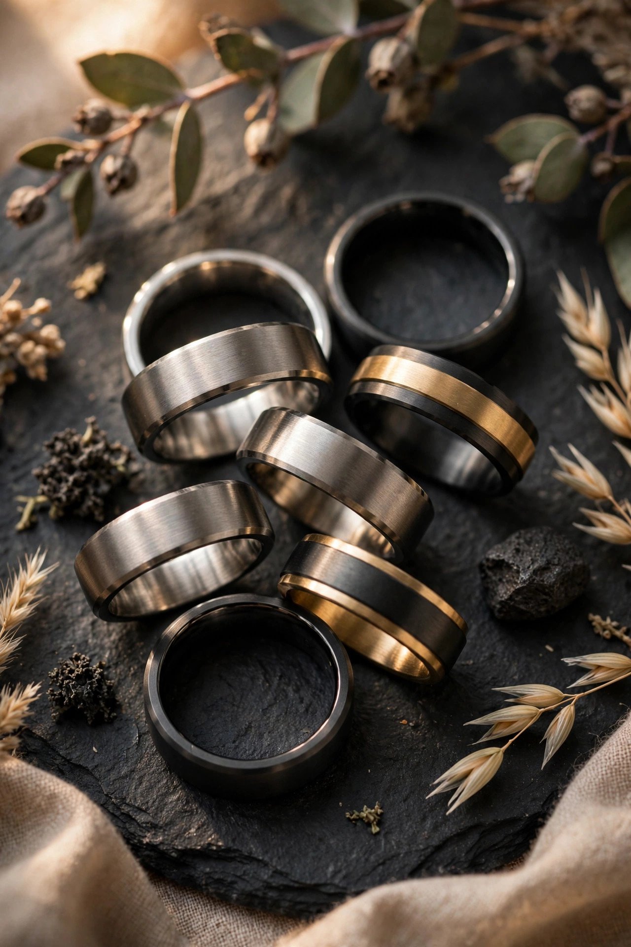 Collection of titanium mens wedding bands in brushed black and two tone finishes