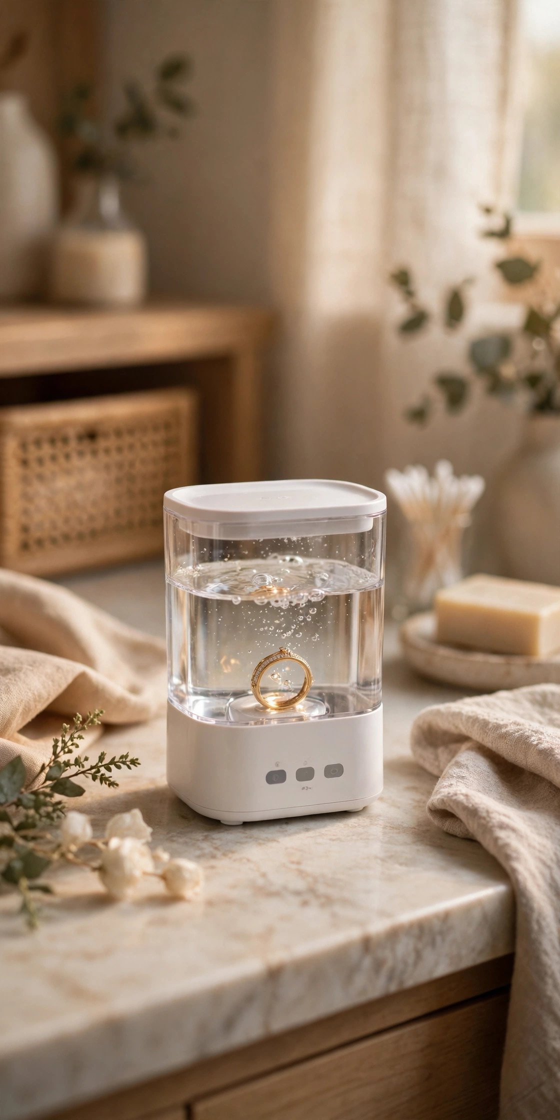 Wedding ring being cleaned using ultrasonic cleaner at home method