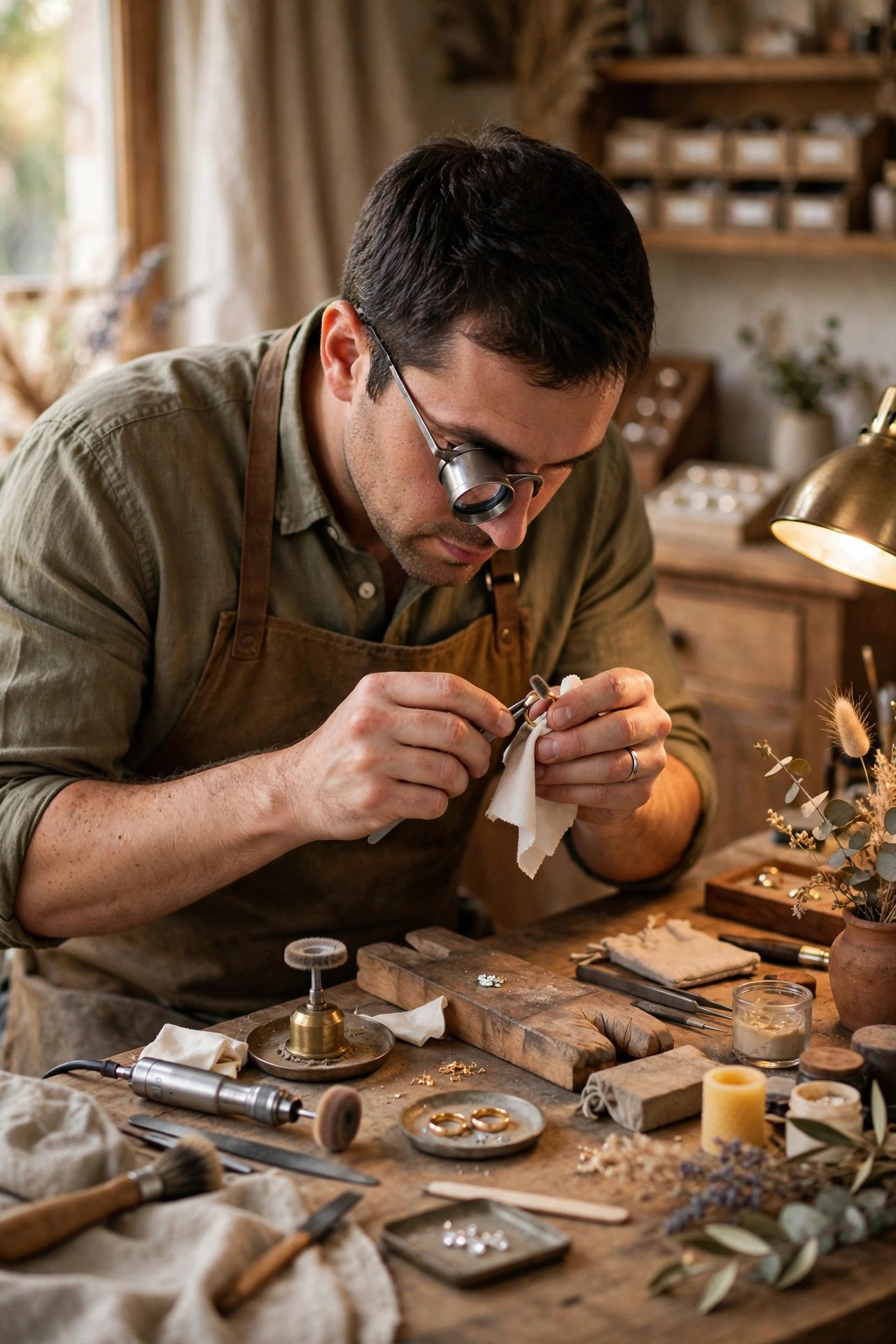 Wedding ring being cleaned using professional polish and inspection method