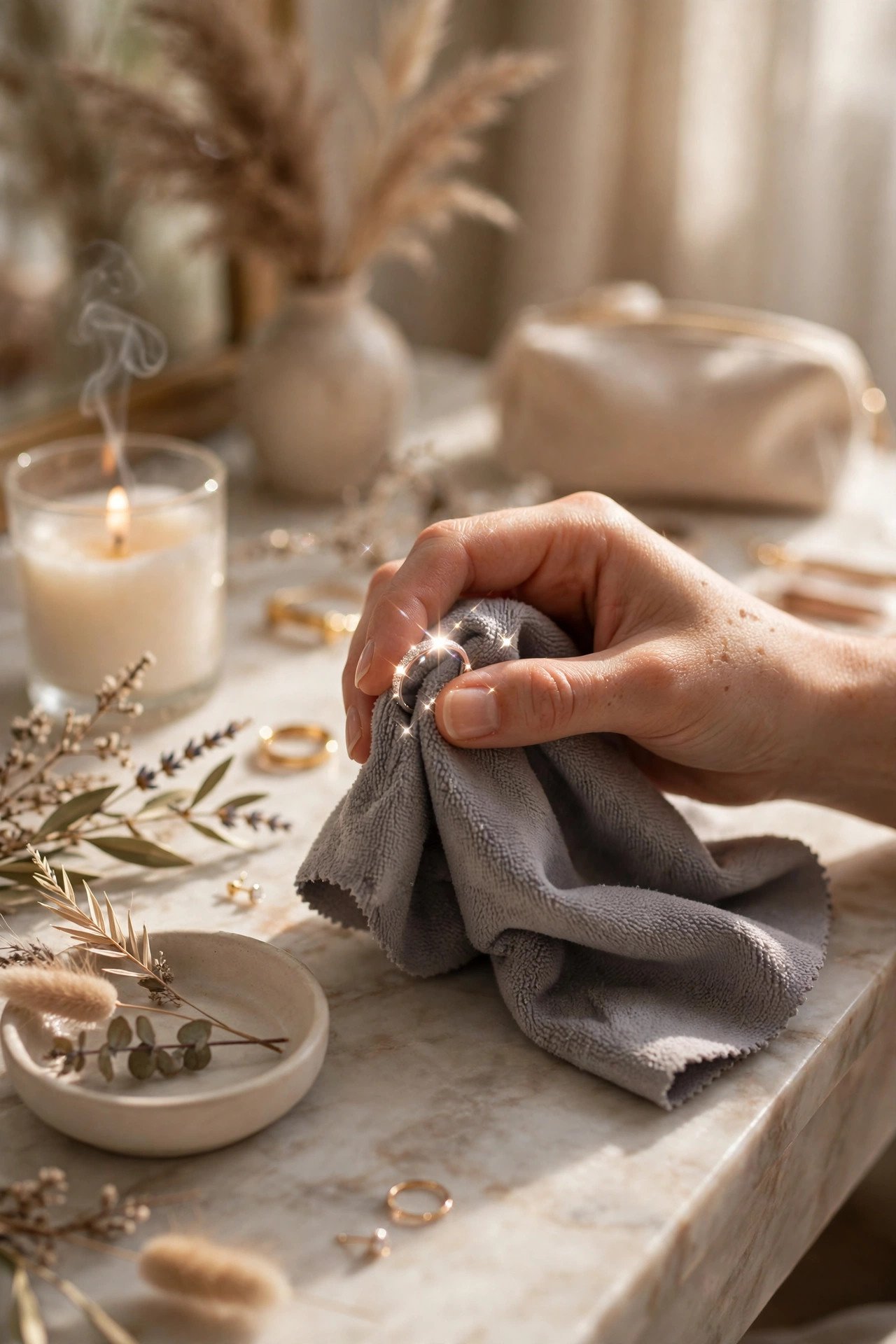 Wedding ring being cleaned using microfiber cloth daily wipe method