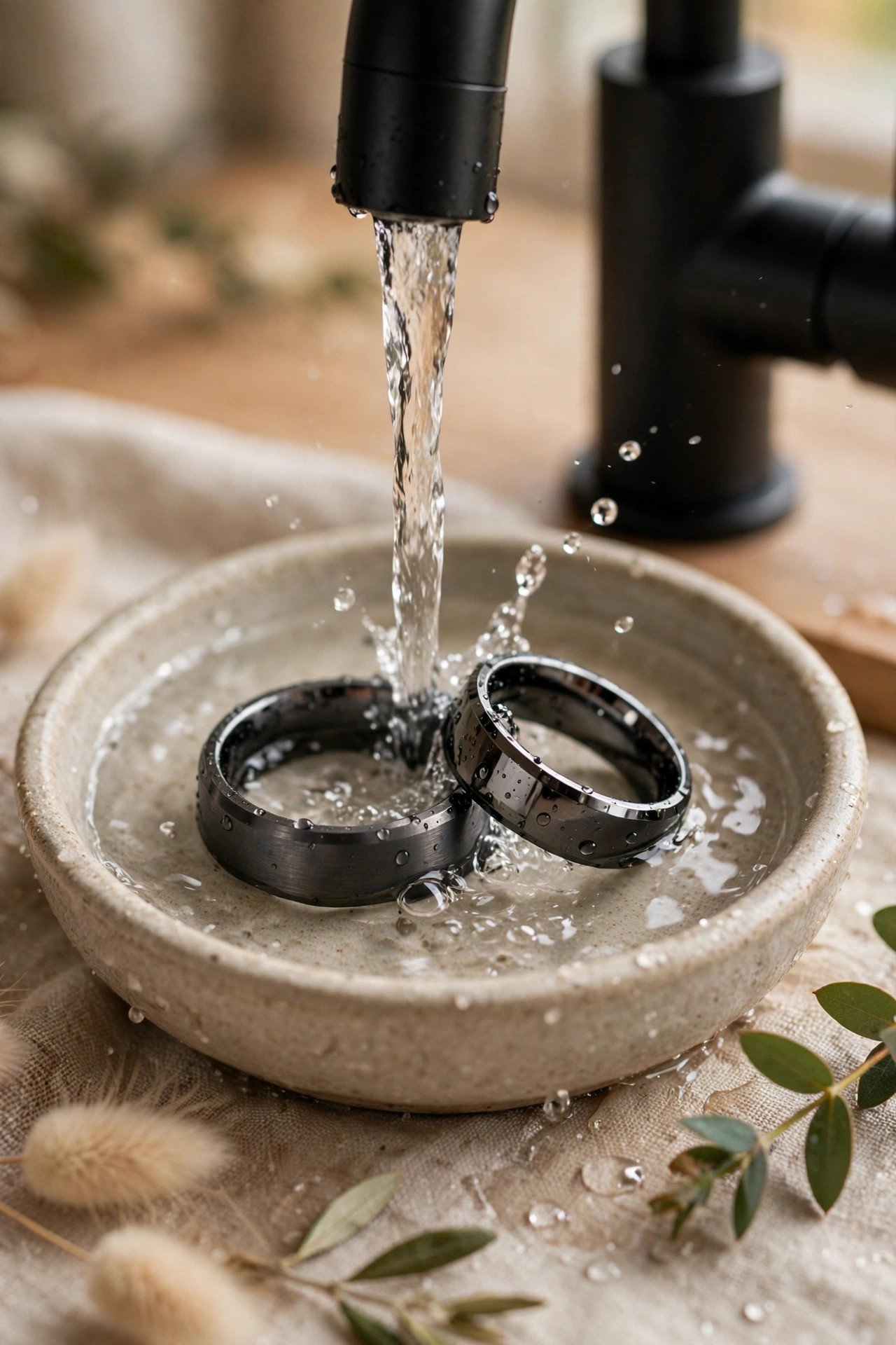 Wedding ring being cleaned using cleaning titanium and tungsten method