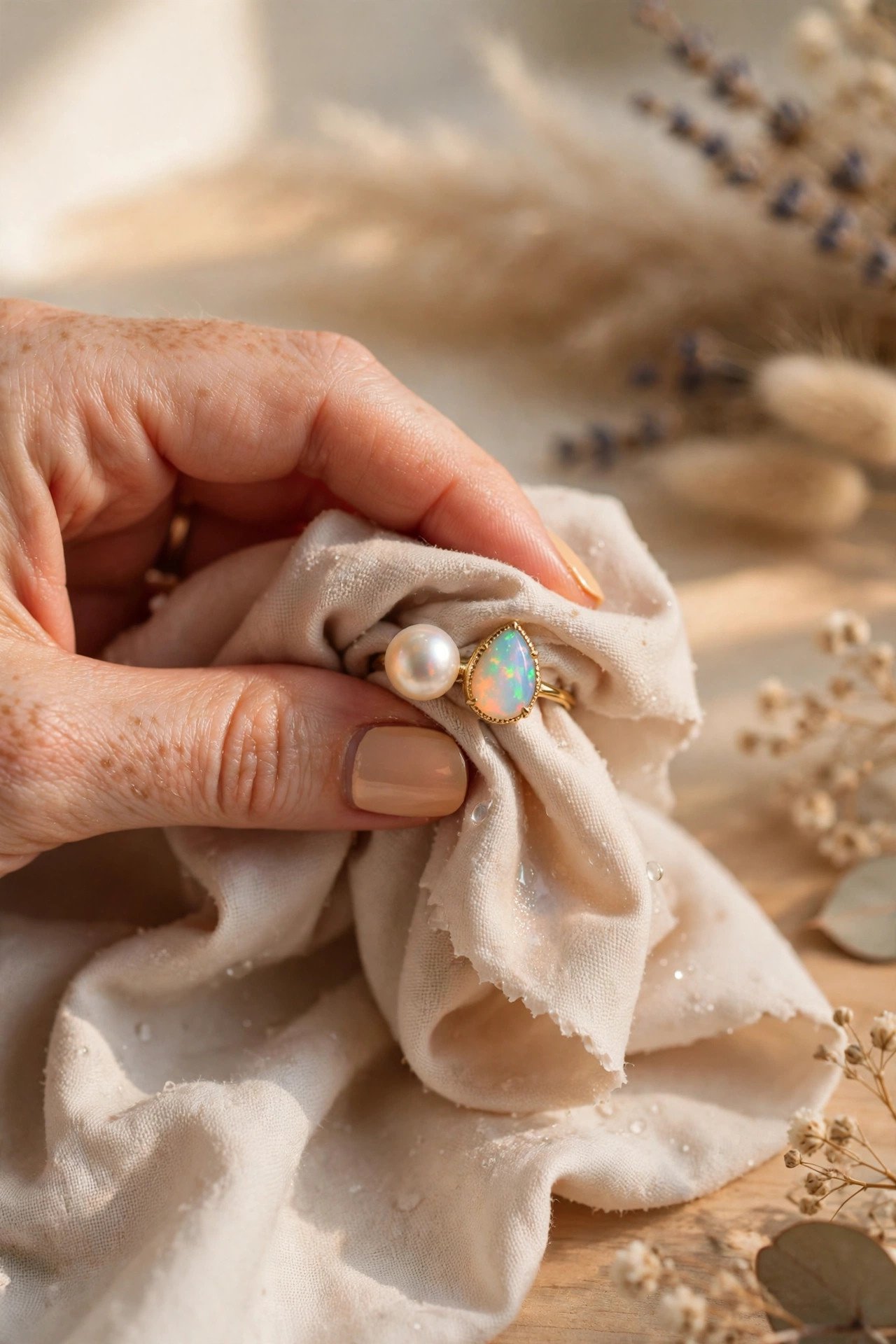 Wedding ring being cleaned using cleaning a ring with pearls or opals method