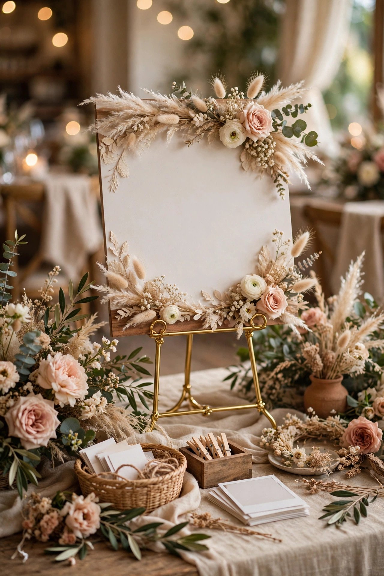 Clever wedding hashtag displayed on elegant reception signage