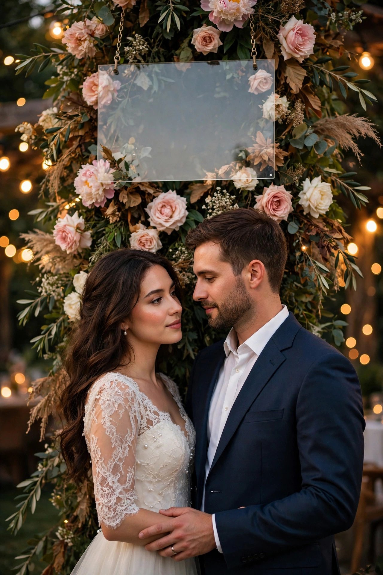 Wedding hashtag idea #WhiteCelebration2027 shown on elegant reception signage