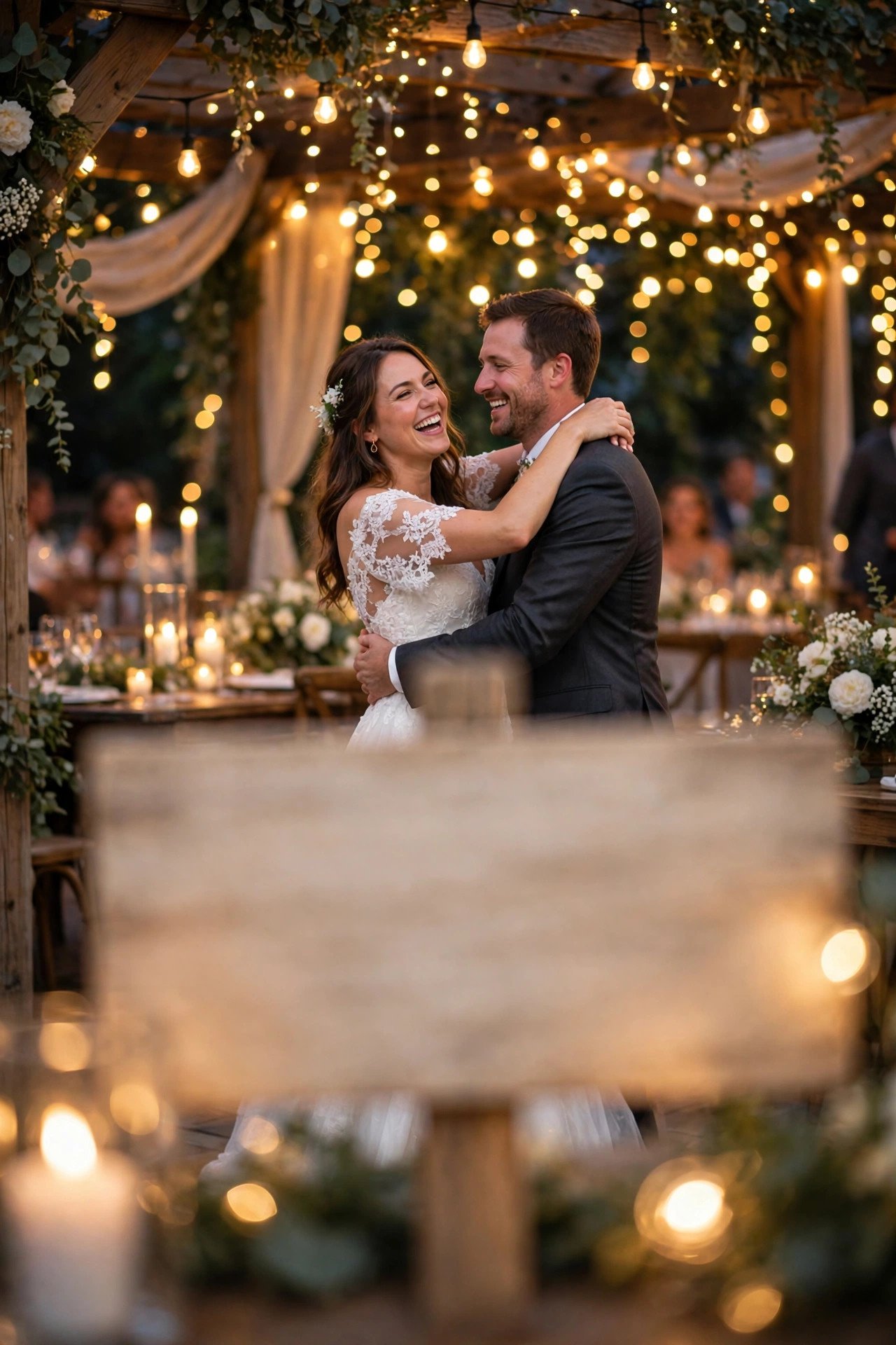 Wedding hashtag idea #AliceSaysYesToKingston shown on elegant reception signage