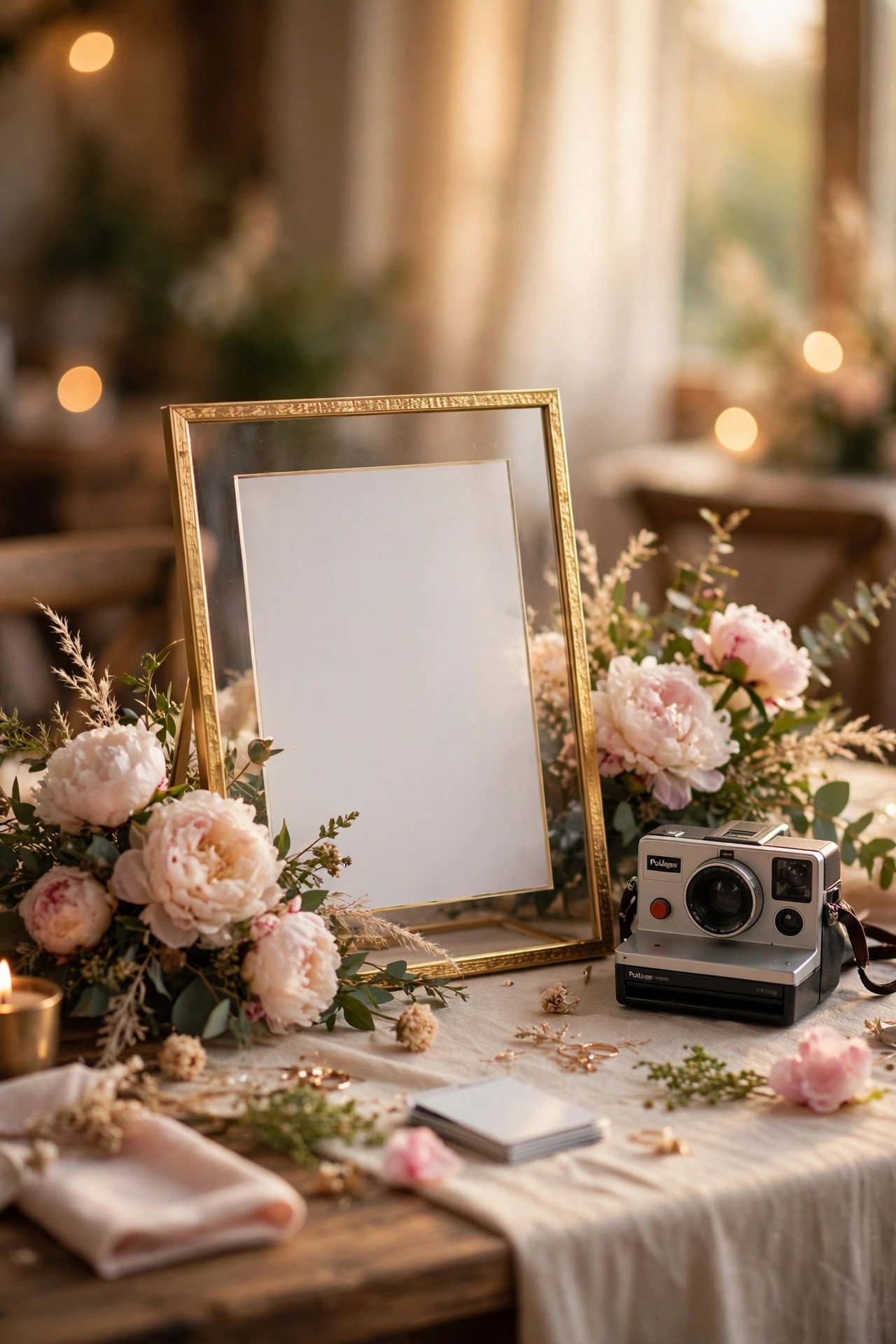 Wedding hashtag idea #AriaAndJohnSnuggleUp shown on elegant reception signage
