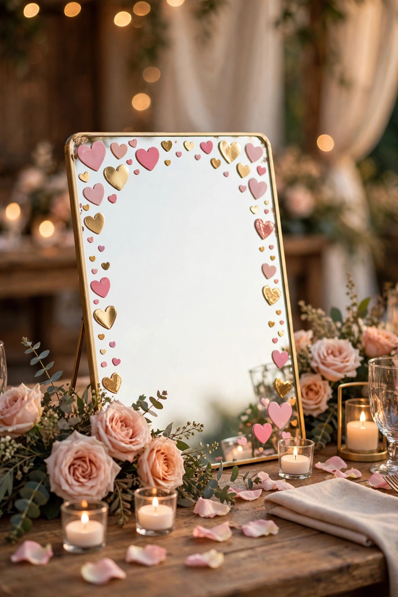 Wedding hashtag idea #LucyHeartJoshua shown on elegant reception signage