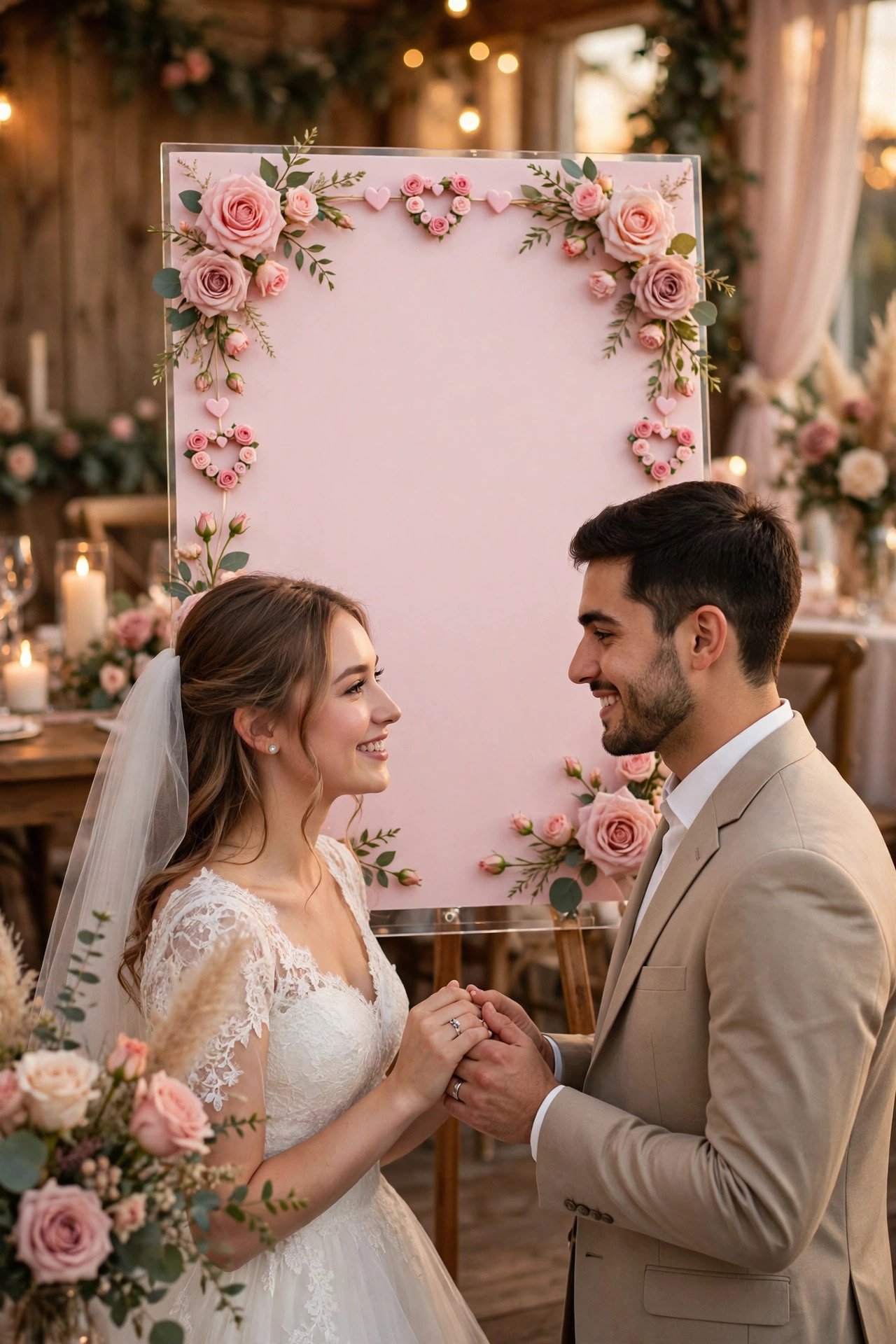 Wedding welcome sign displaying a personalized hashtag at an elegant 2027 reception