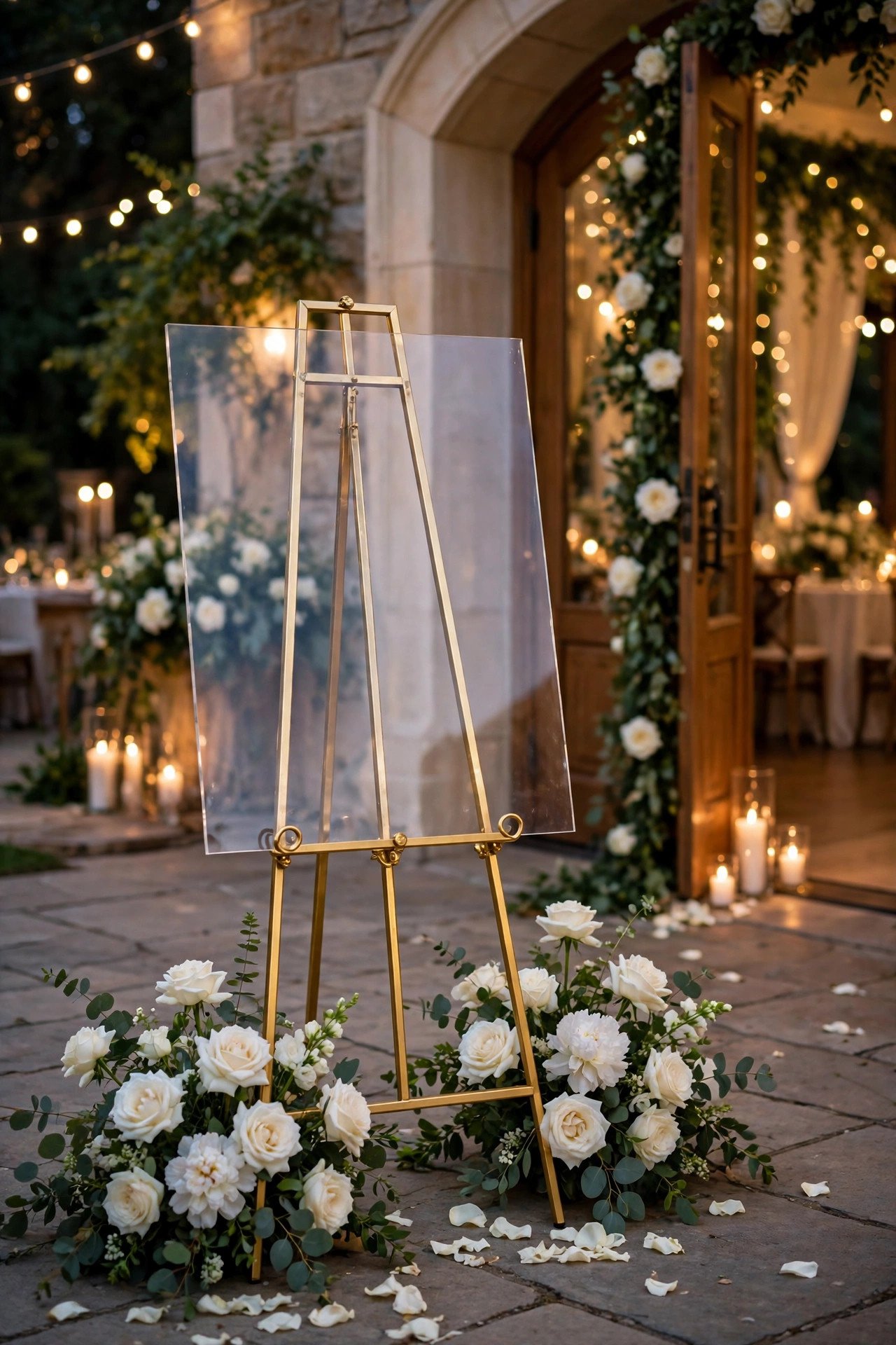 Wedding hashtag idea Acrylic Welcome Sign with Gold Lettering shown on elegant reception signage