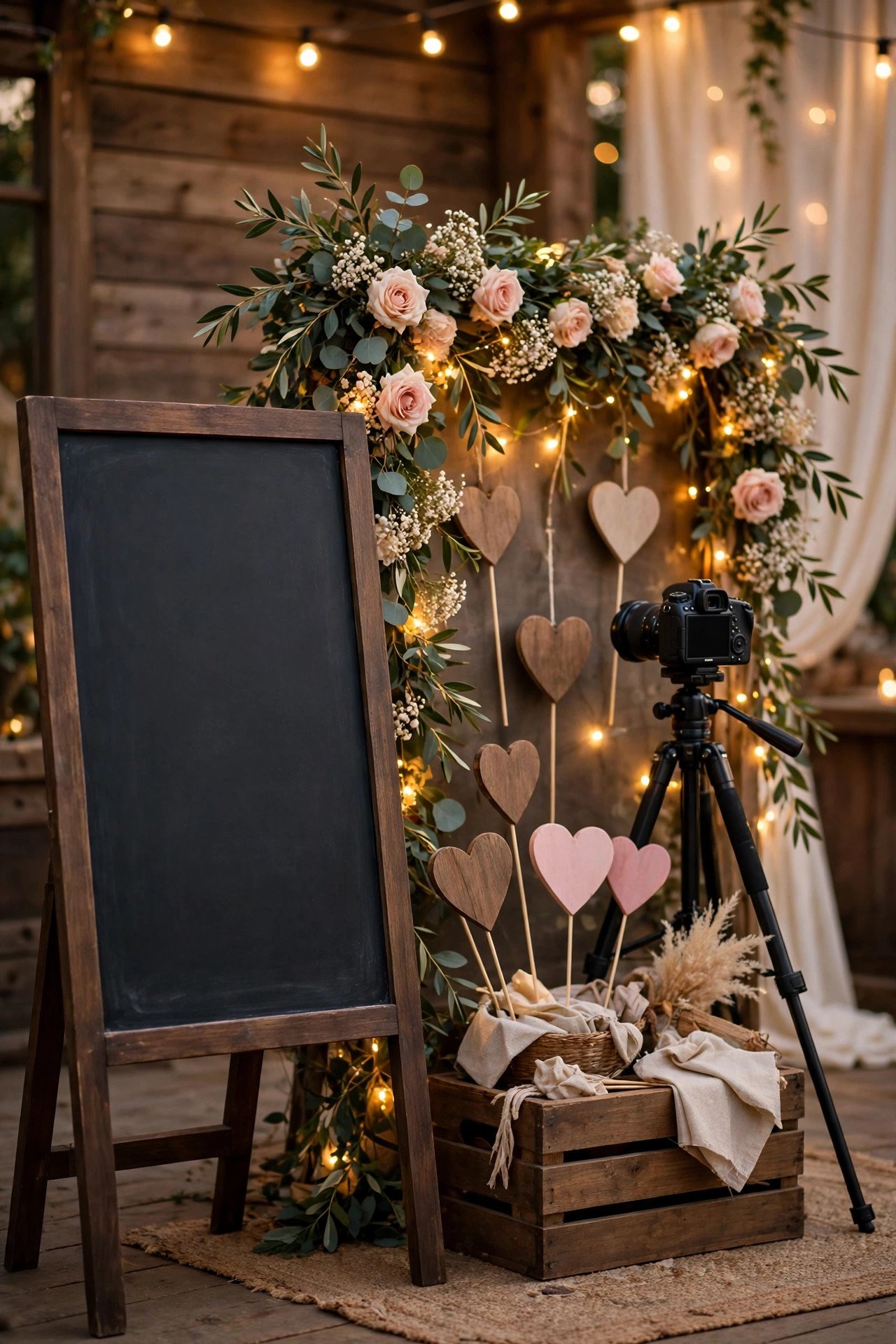 Wedding hashtag idea Chalkboard Sign by the Photo Booth shown on elegant reception signage