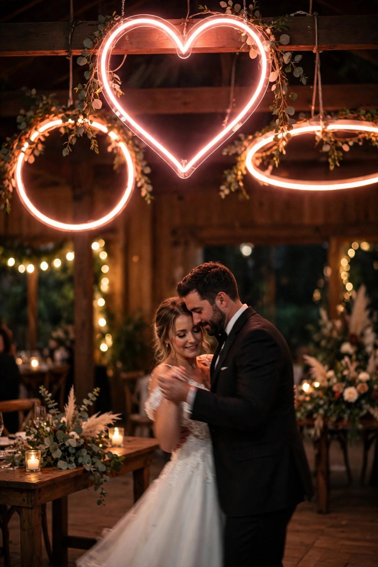 Wedding hashtag idea Neon Hashtag Sign Above the Dance Floor shown on elegant reception signage