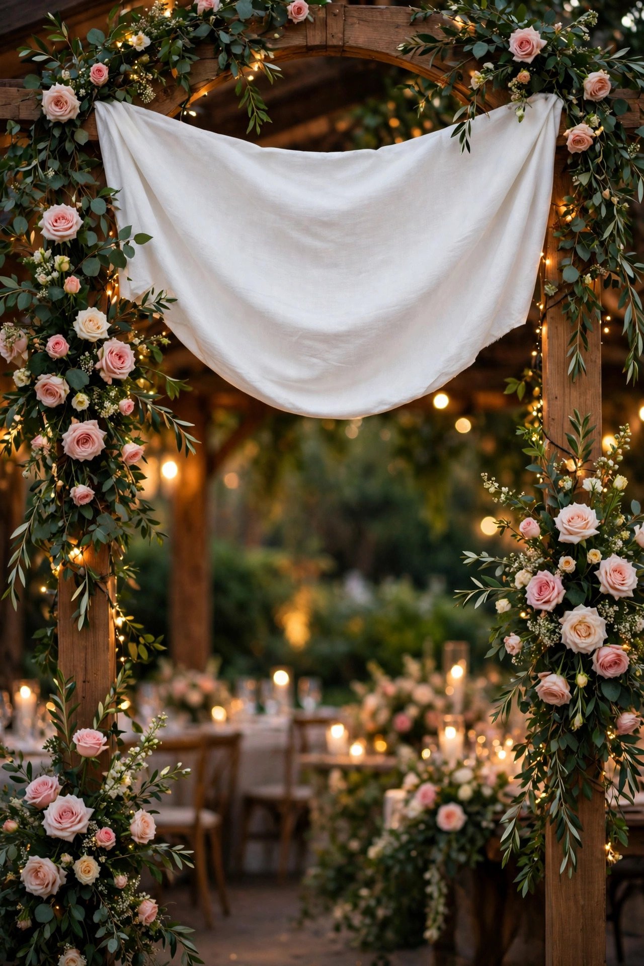 Wedding hashtag idea Banner Over the Reception Entrance shown on elegant reception signage