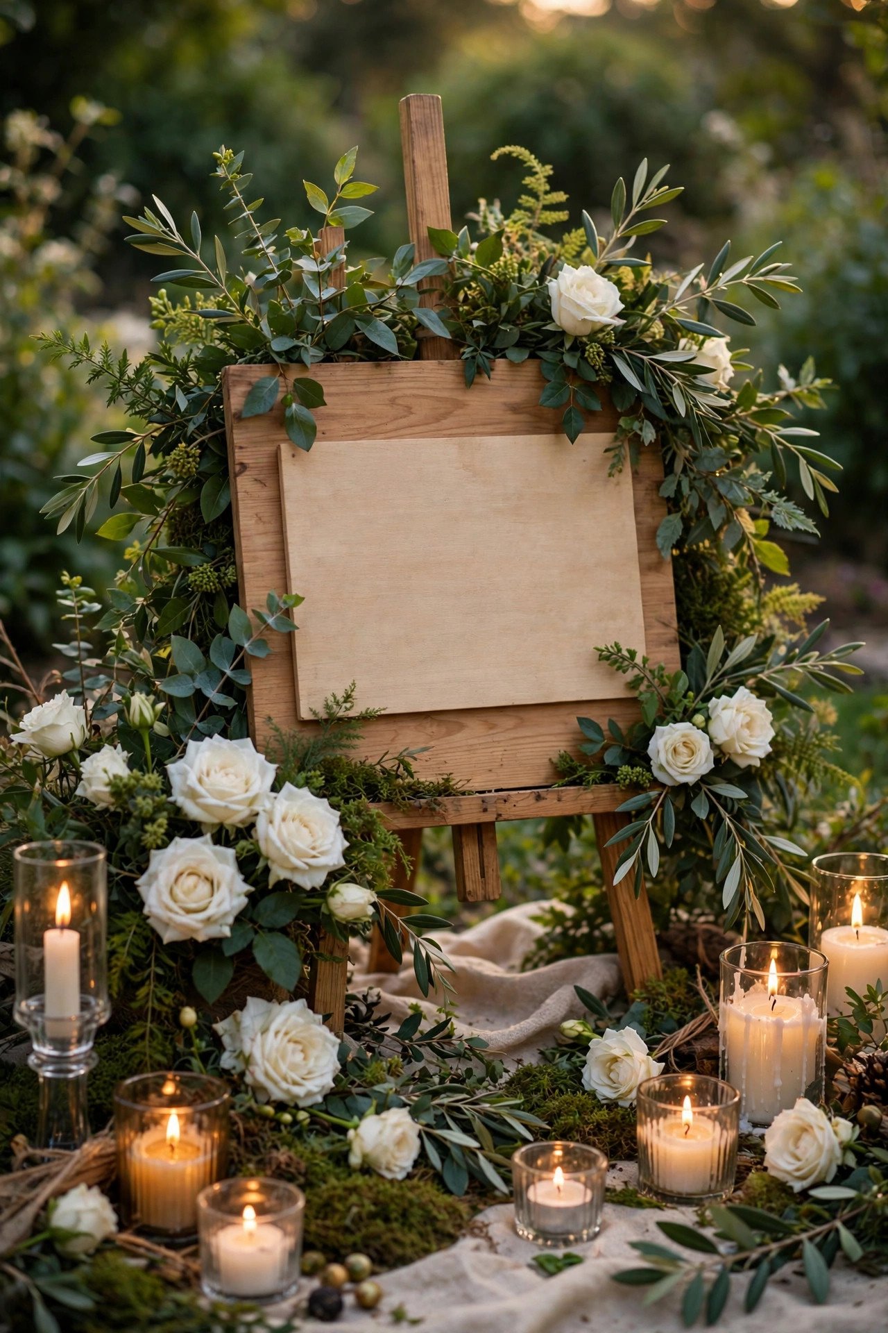 Wedding hashtag idea #GreenVows2027 shown on elegant reception signage