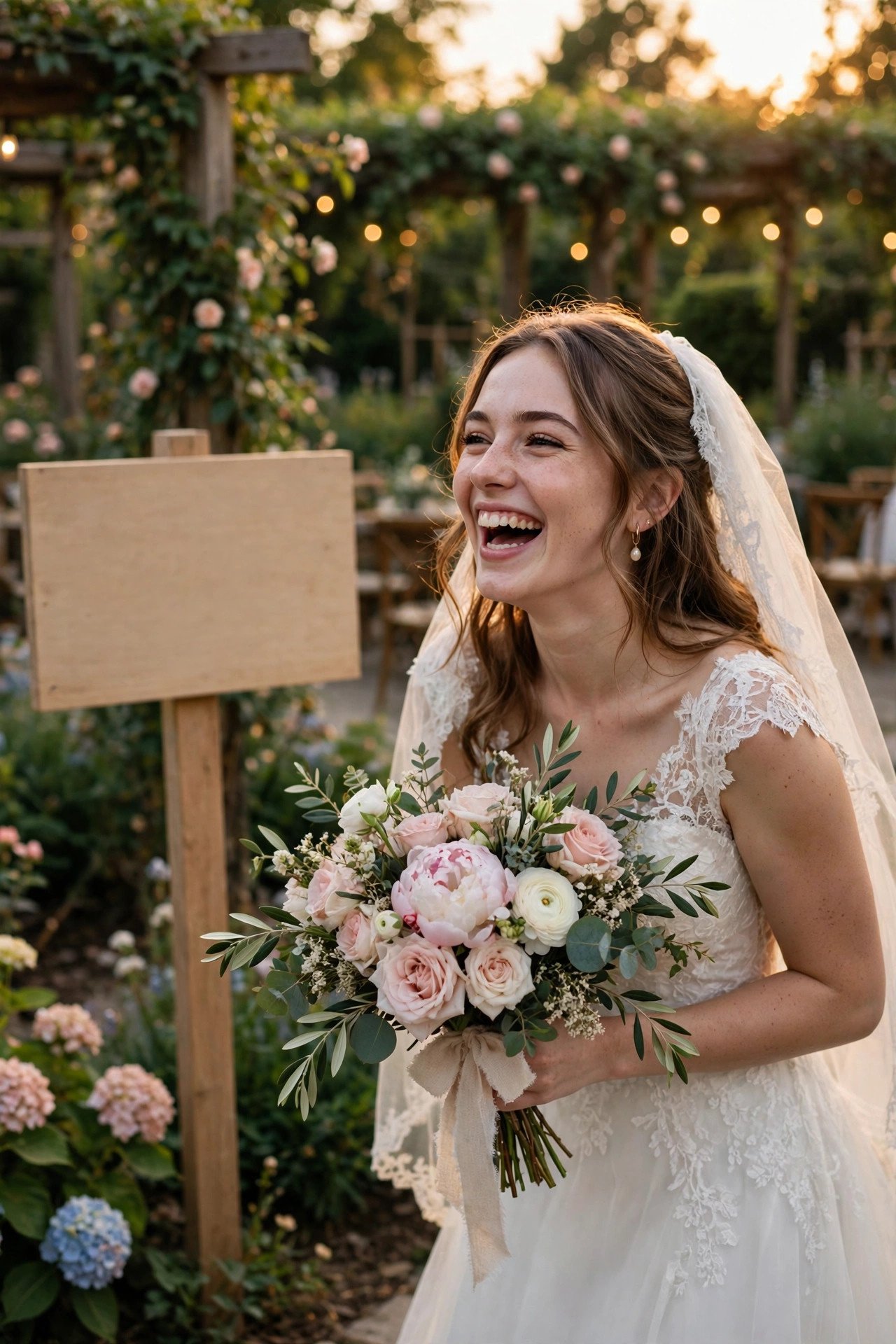 Wedding hashtag idea #NovaMarriesJoshua2027 shown on elegant reception signage