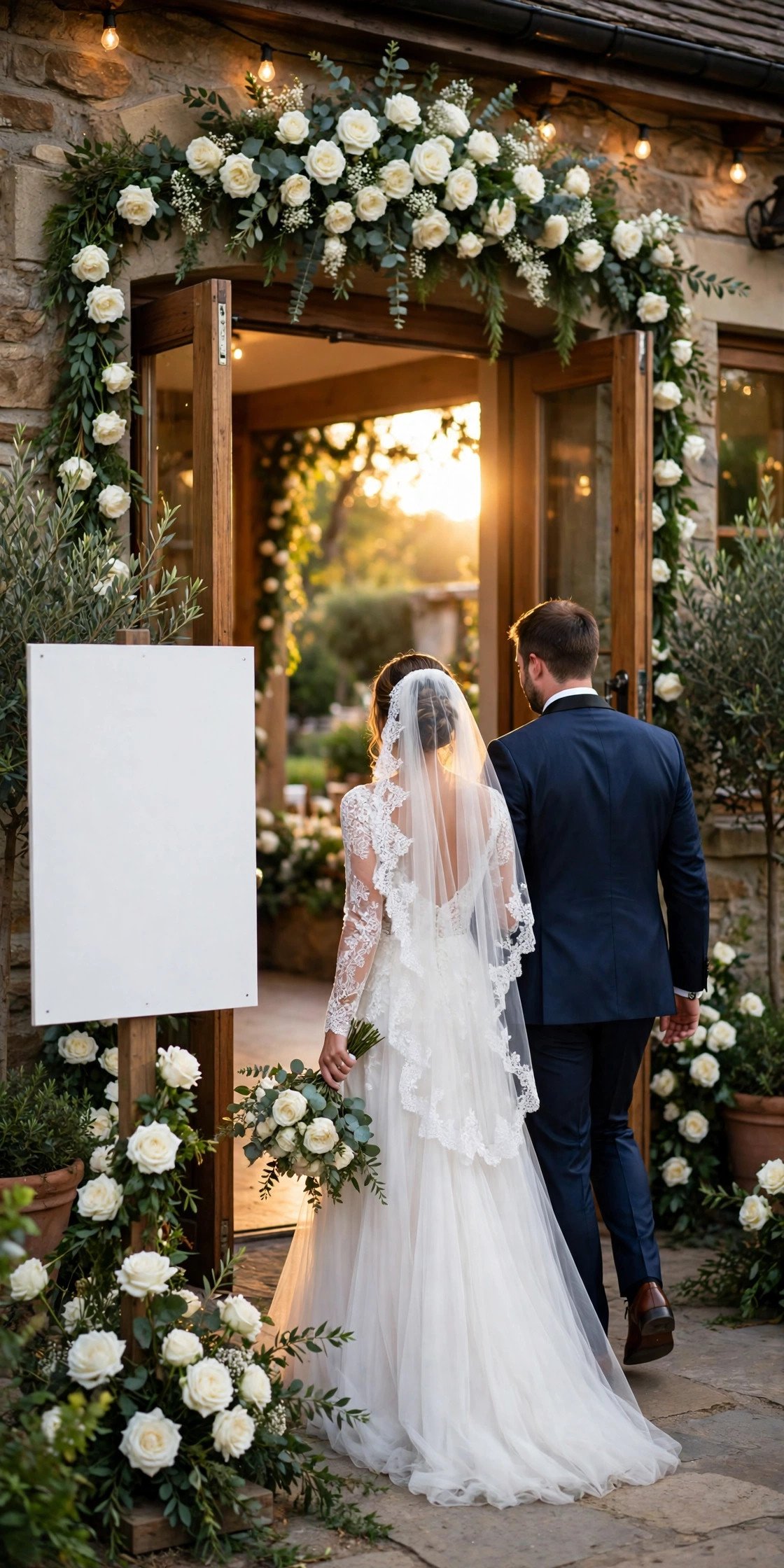 Wedding hashtag idea #ForeverBeginsWithWhite shown on elegant reception signage