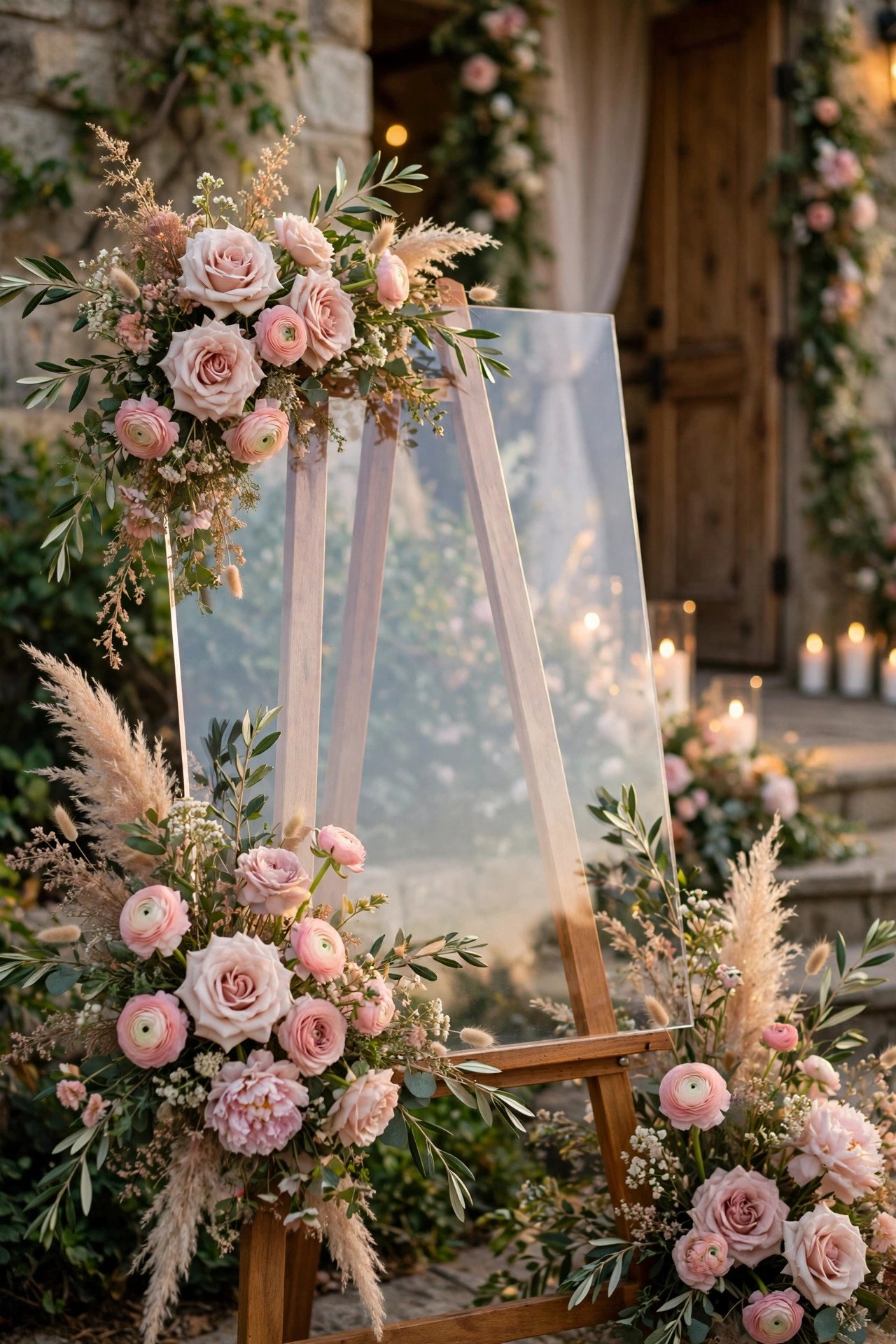 Blush wedding welcome sign showing a short wedding hashtag in elegant lettering