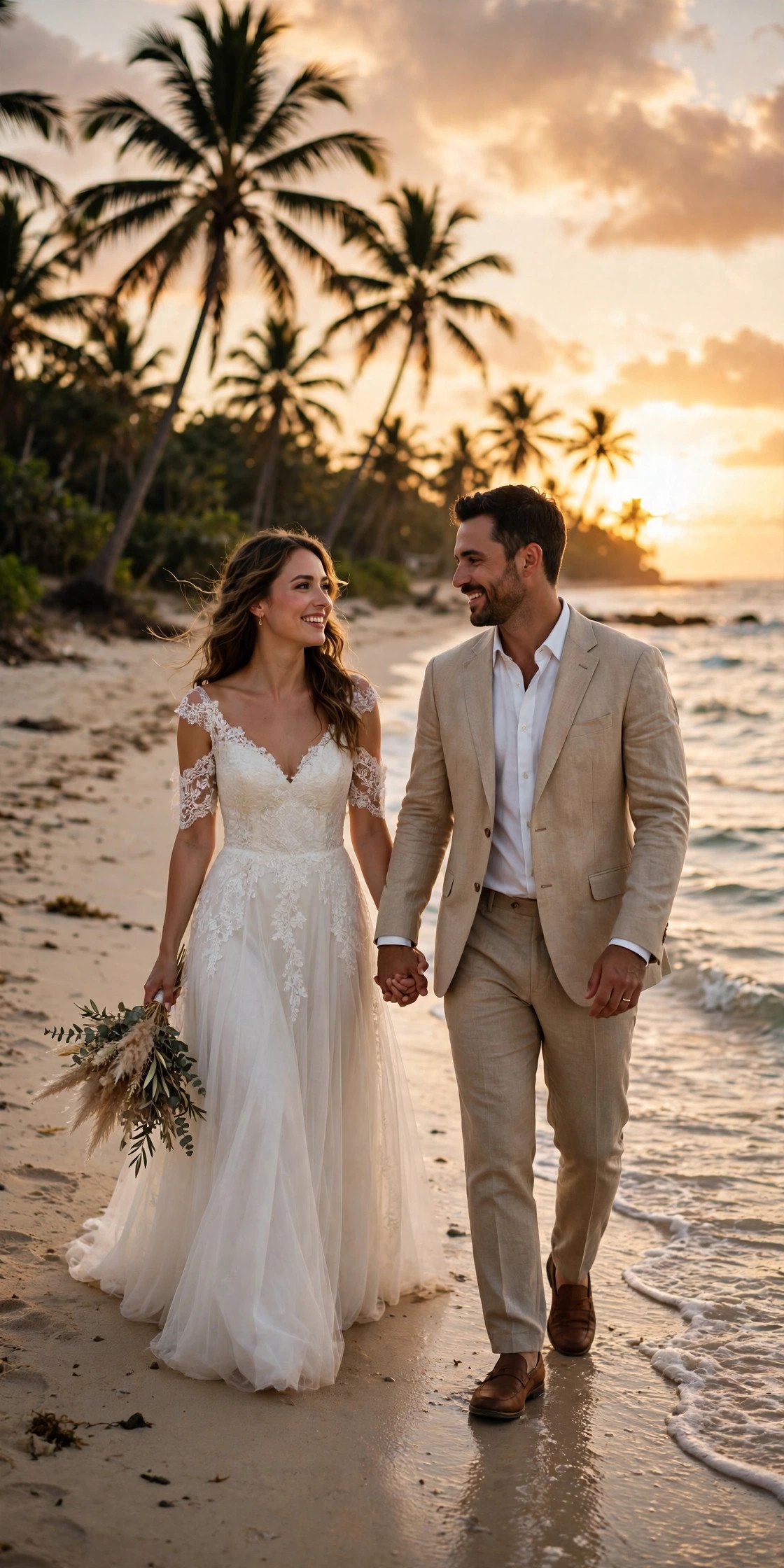 Newlywed couple walking on a tropical beach at sunset holding hands
