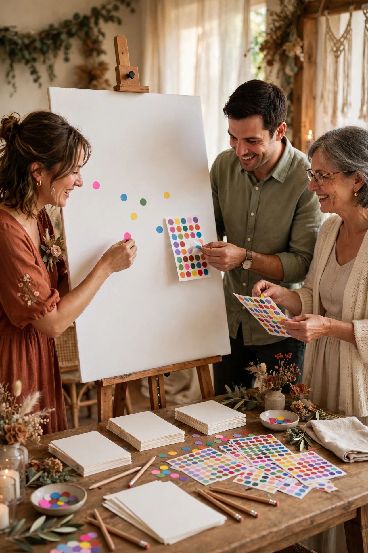Wedding guests voting for a hashtag with sticker dots on a display board