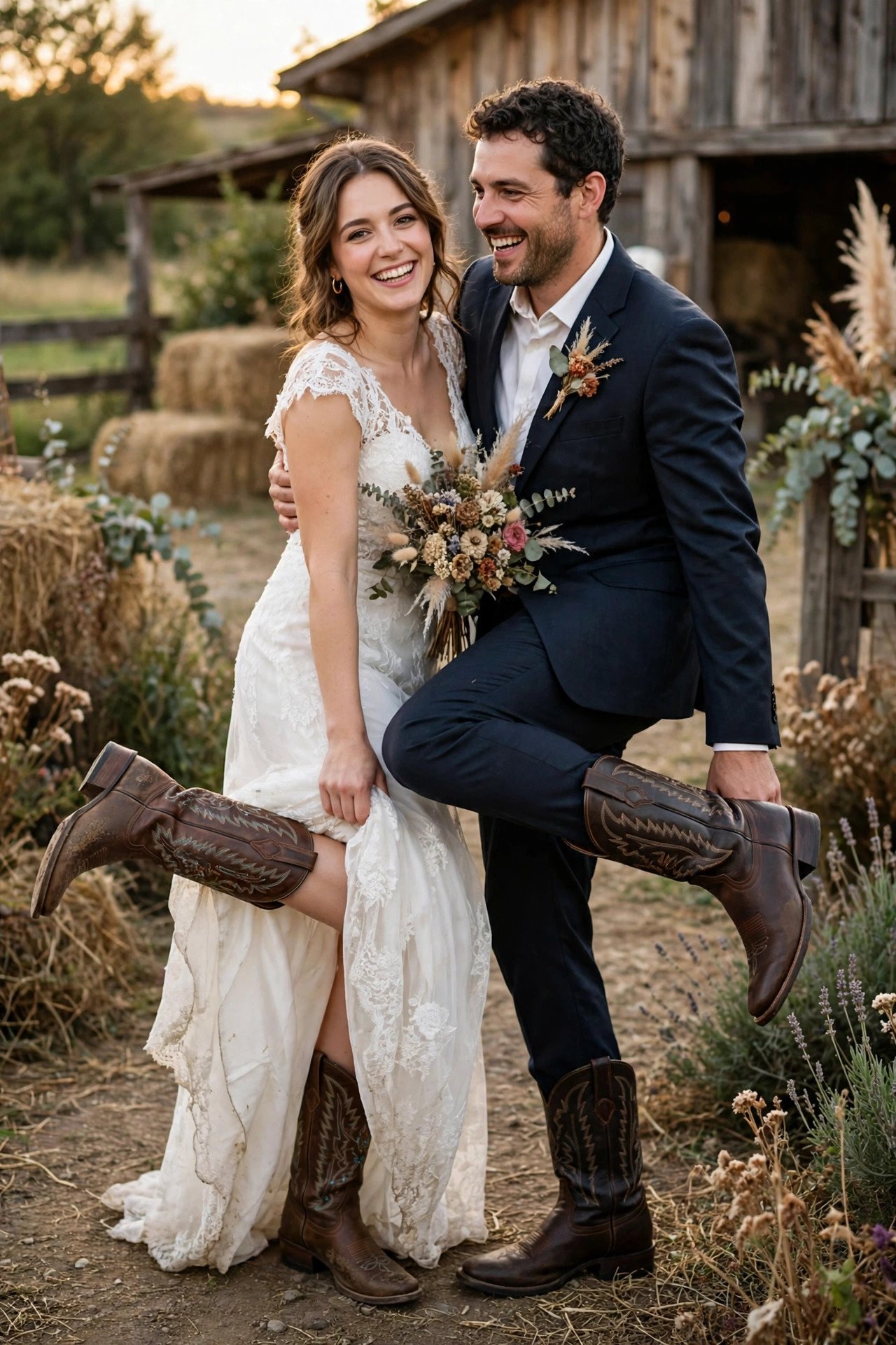 Rustic wedding hashtag sign displaying MiaAndNoahSayIDoInBoots