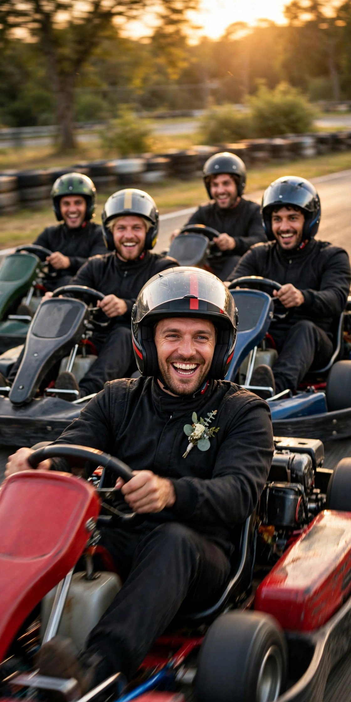 Bachelor party crew enjoying Go-Kart Grand Prix with the groom