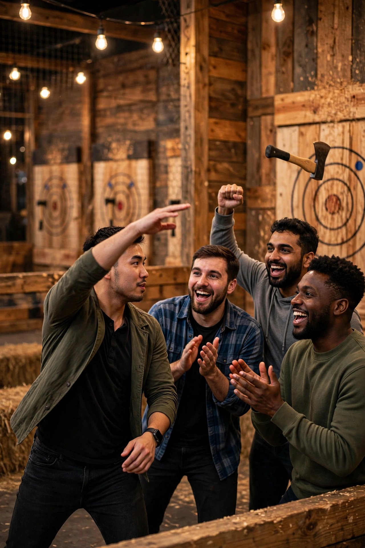 Bachelor party crew enjoying Axe Throwing Tournament with the groom